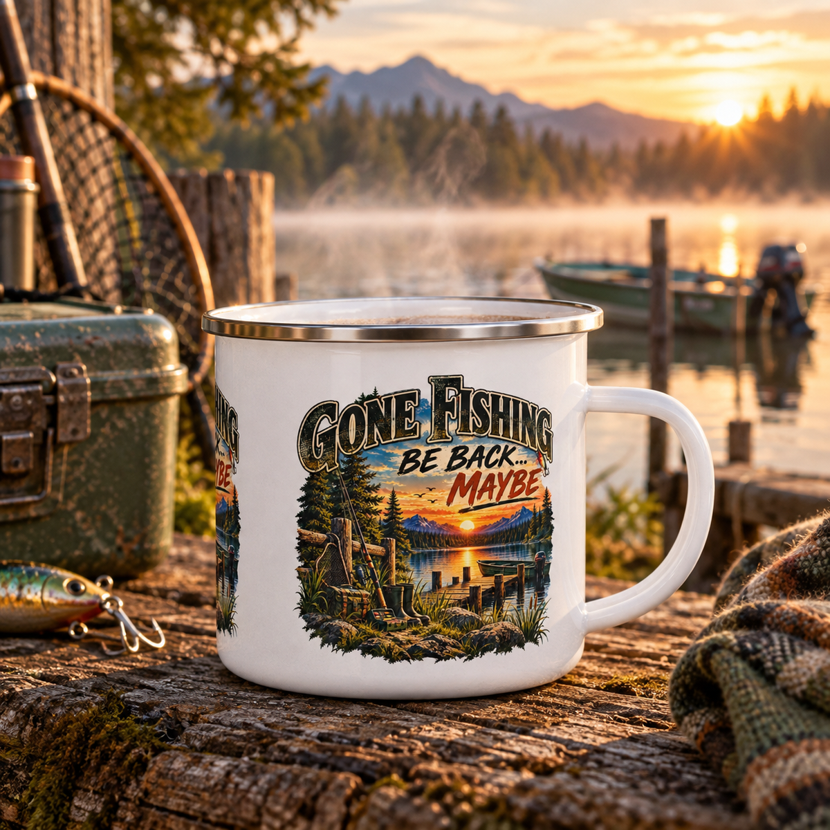 Gone Fishing, Be Back… Maybe Enamel Mug – Vintage Fishing Mug