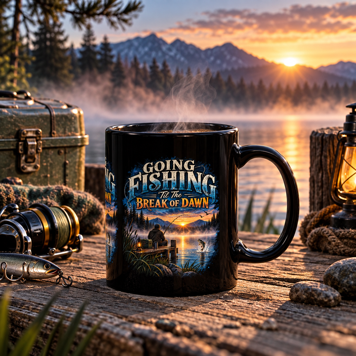 Going Fishing ’Til the Break of Dawn Black Mug – Angler Fishing Mug