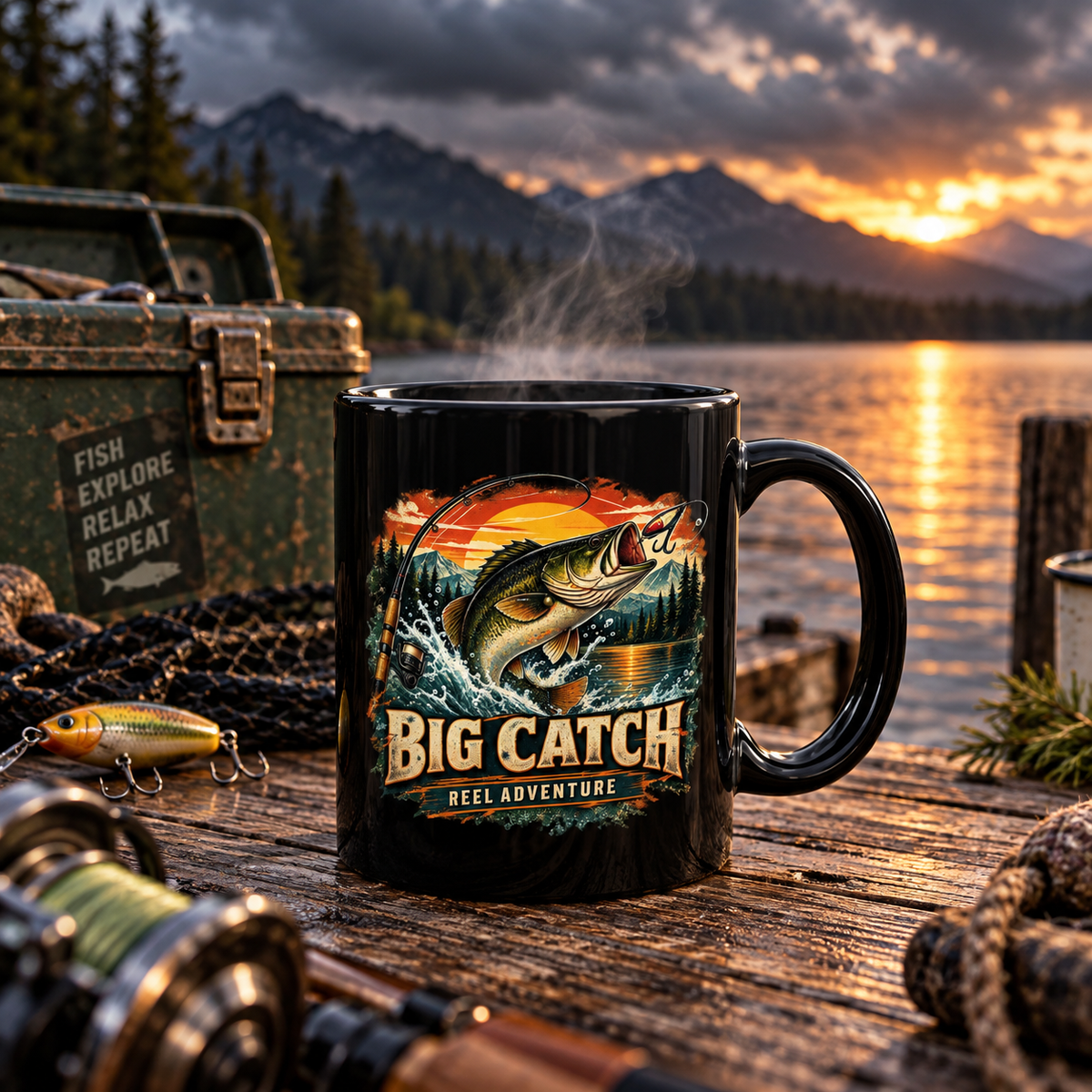 Big Catch Reel Adventure Black Fishing Mug – Vintage Angler Mug