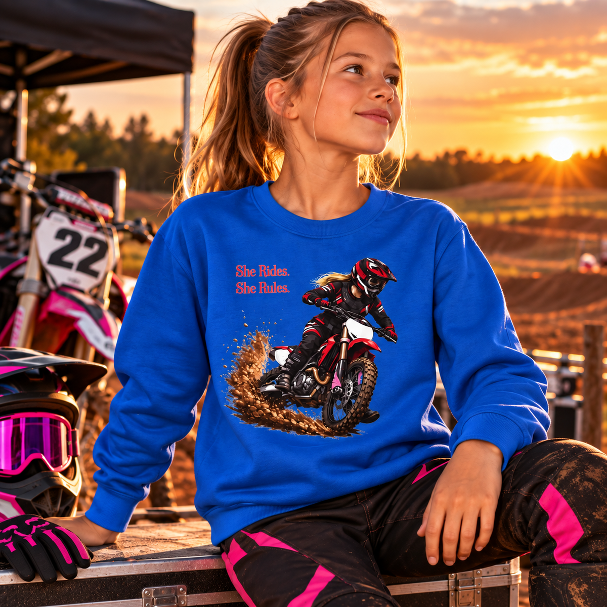 She Rides She Rules Youth Sweatshirt – Girls Motocross Jumper