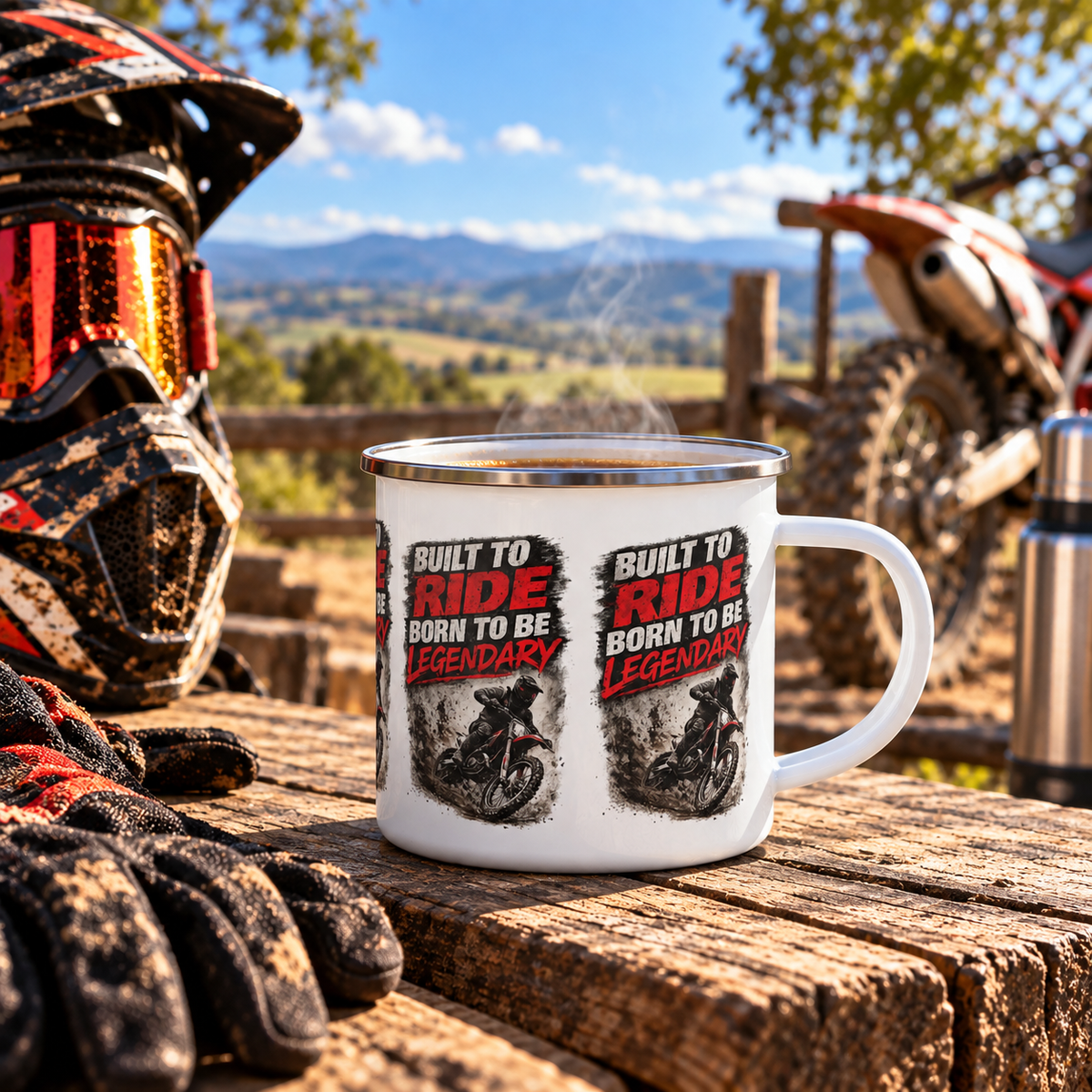 Mug en émail « Construit pour rouler, né pour être légendaire »