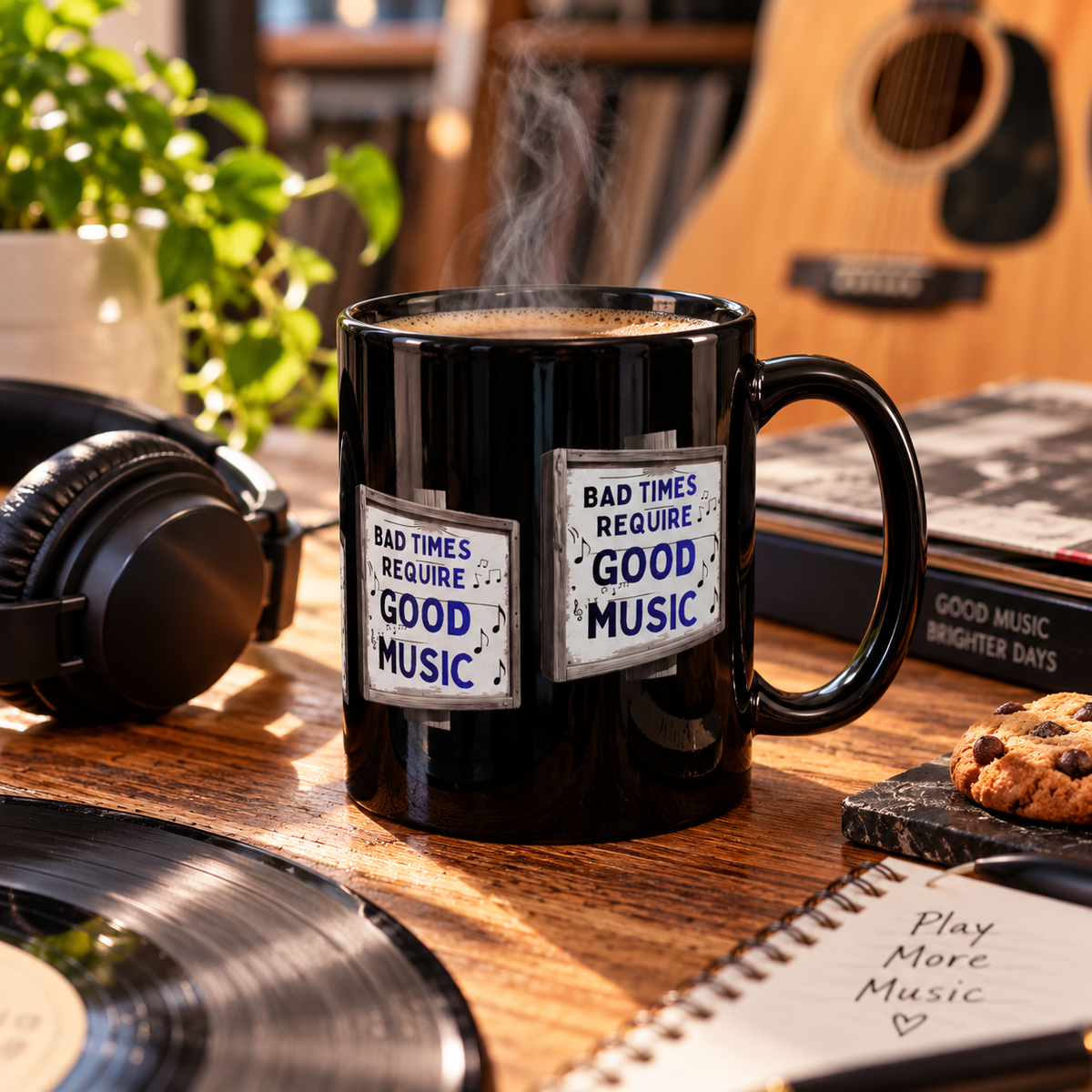 Musikliebhaber-Tasse Schlechte Zeiten erfordern gute Musik Schwarze Tasse 325ml