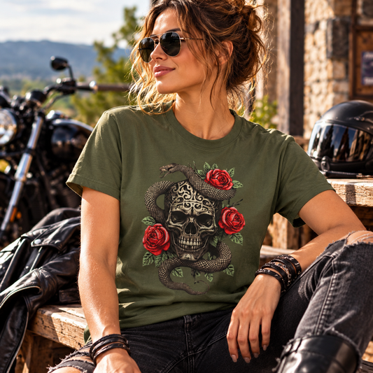 Totenkopf Schlange & Rose Grafik T-Shirt  Iron Skull Design