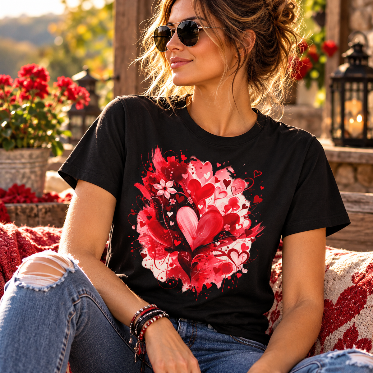 Floral Hearts T-Shirt | Red Heart & Floral Graphic Tee