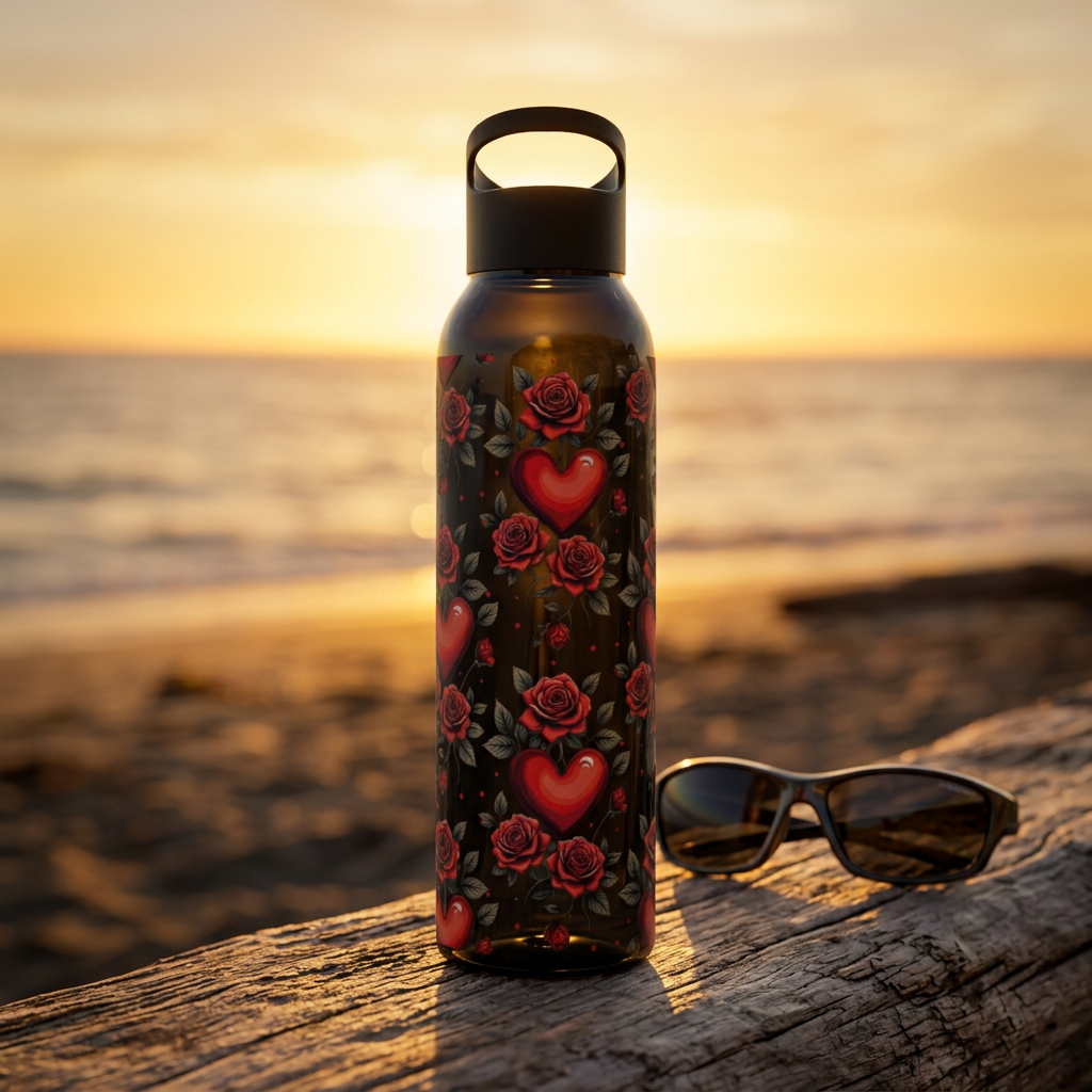 Wasserflasche mit Herz- & Rosenmuster — Blumen-Kunststoffflasche