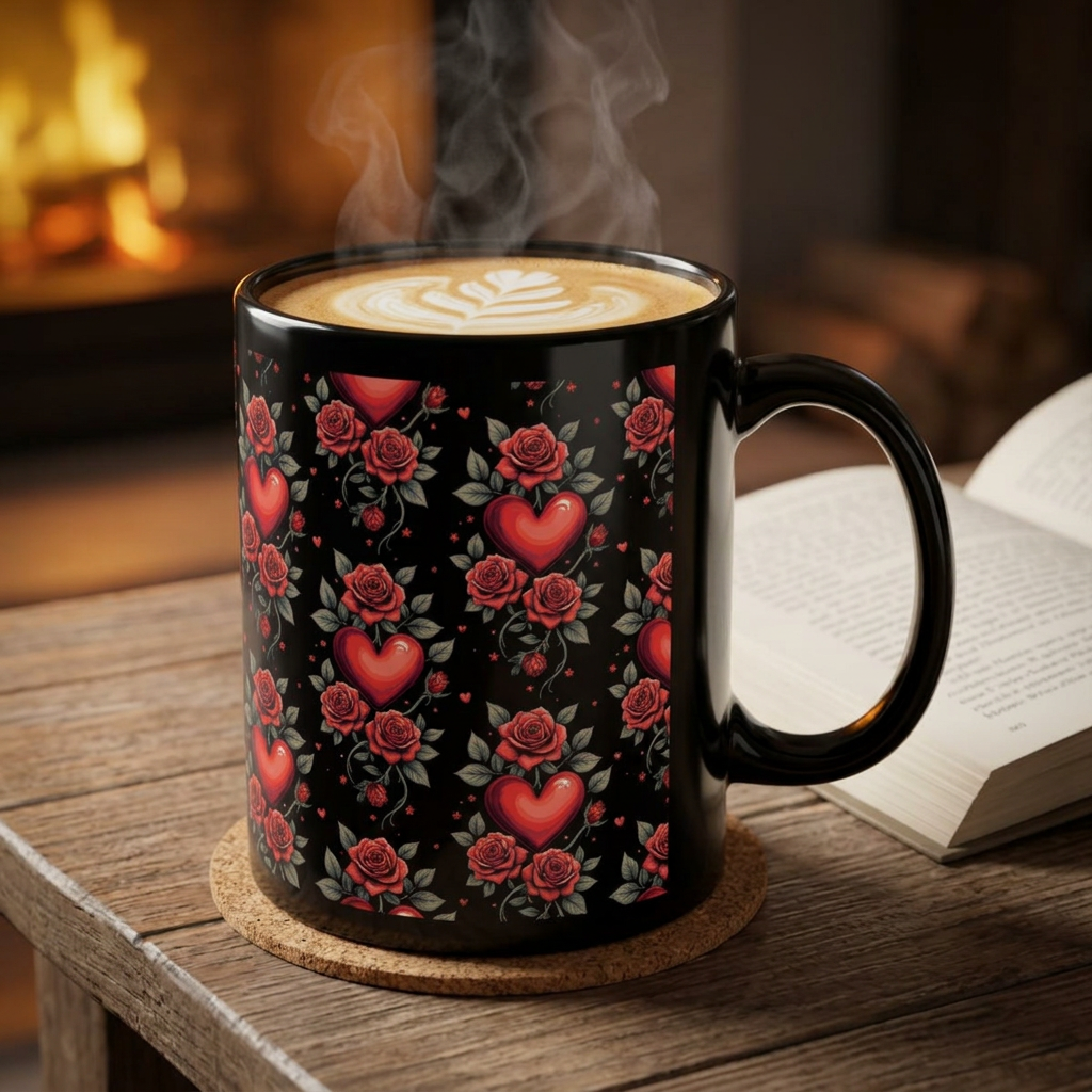 Keramiktasse mit Herz- & Rosenmotiv, Blumige Kaffeetasse 325 ml