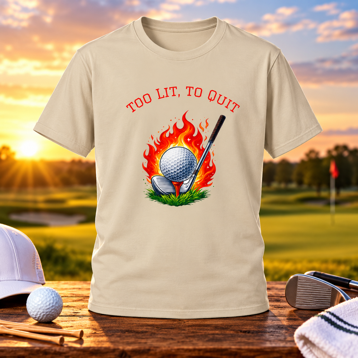 Golf-T-Shirt „Too Lit to Quit“ mit einzigartigem flammendem Golfball-Design