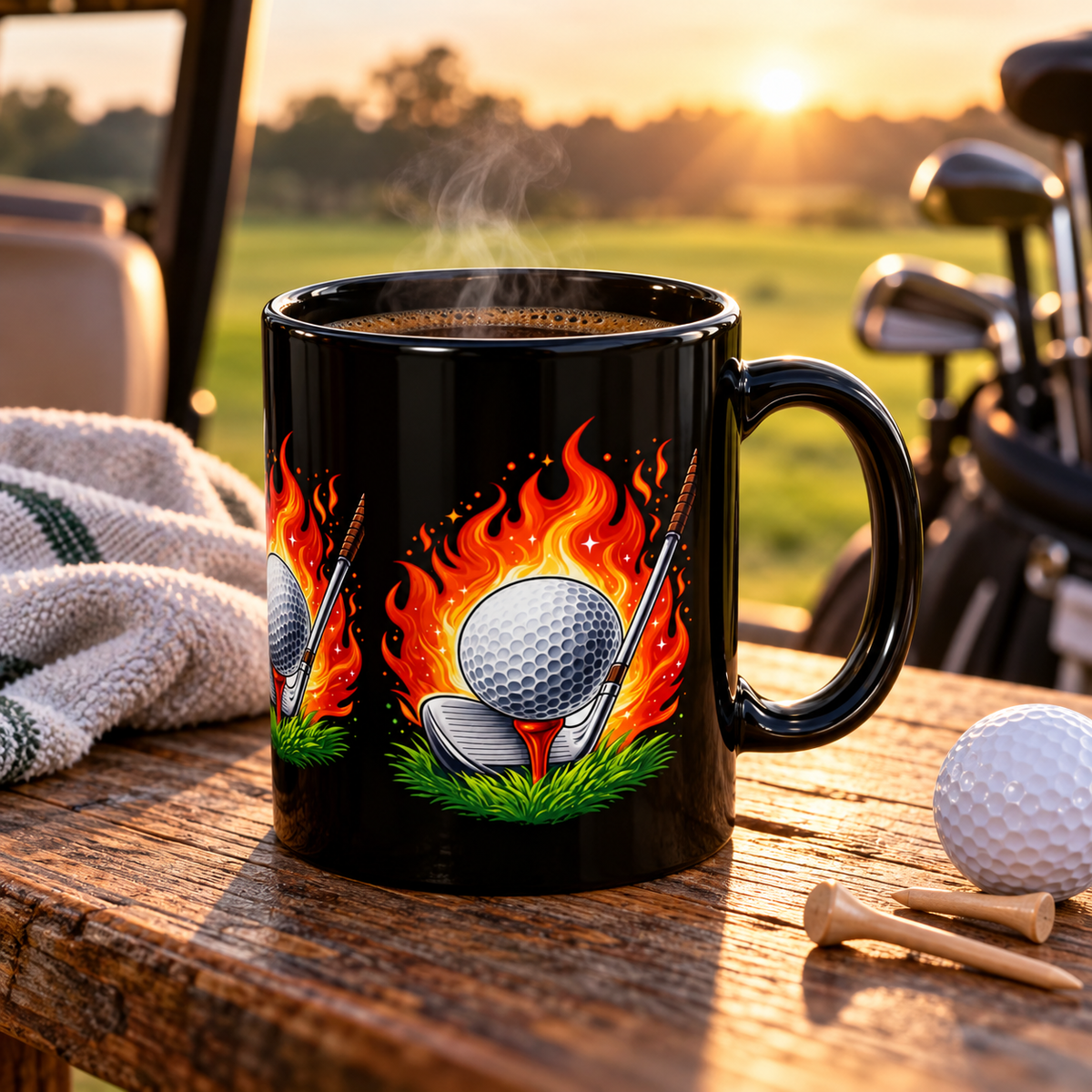Flaming Golf Ball Schwarze Tasse Golfer Tasse Feuer Golf Tee Design