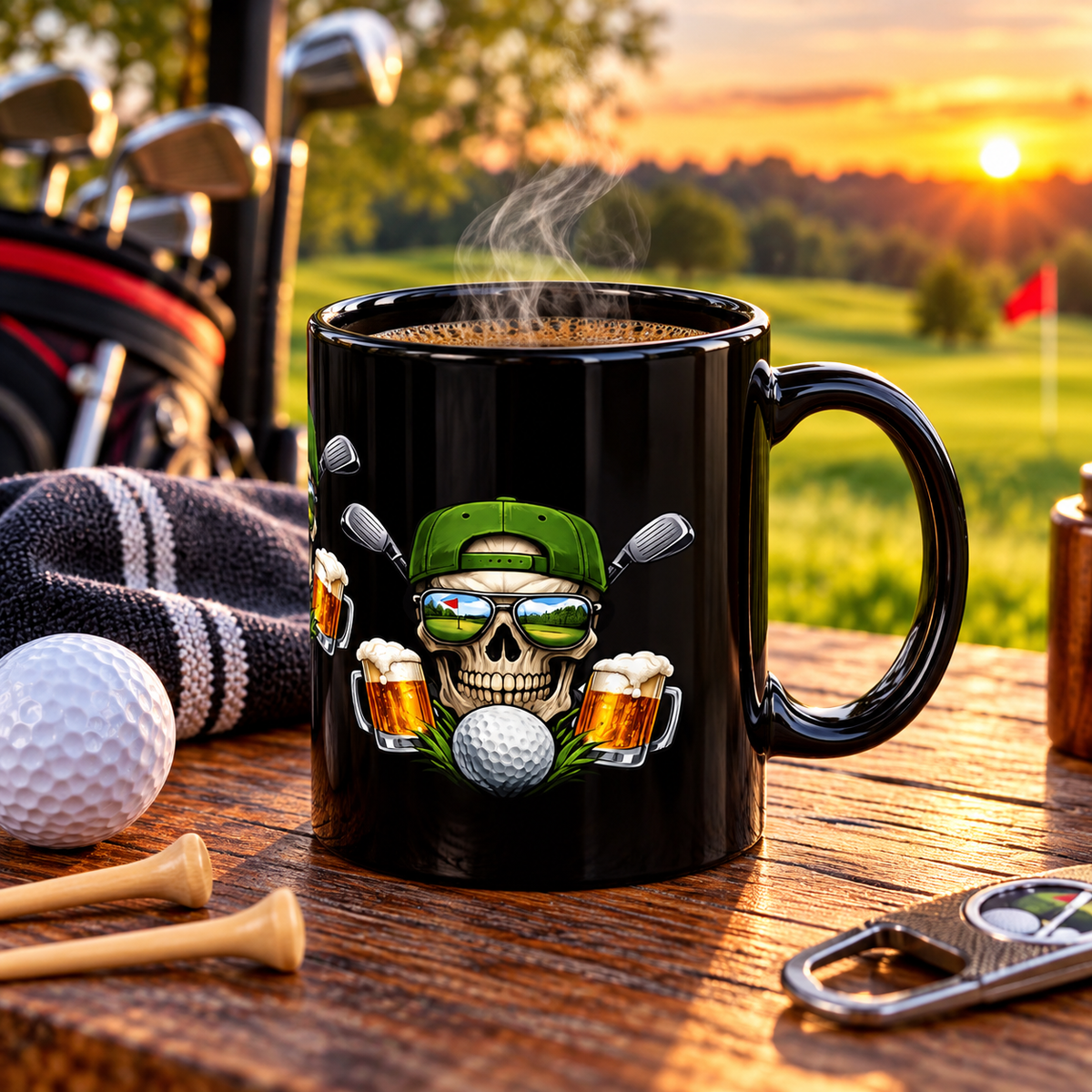 Golf Schädel Bierkrug Schwarz Keramik Kaffeetasse mit Golfschläger & Bier Motiv 325ml
