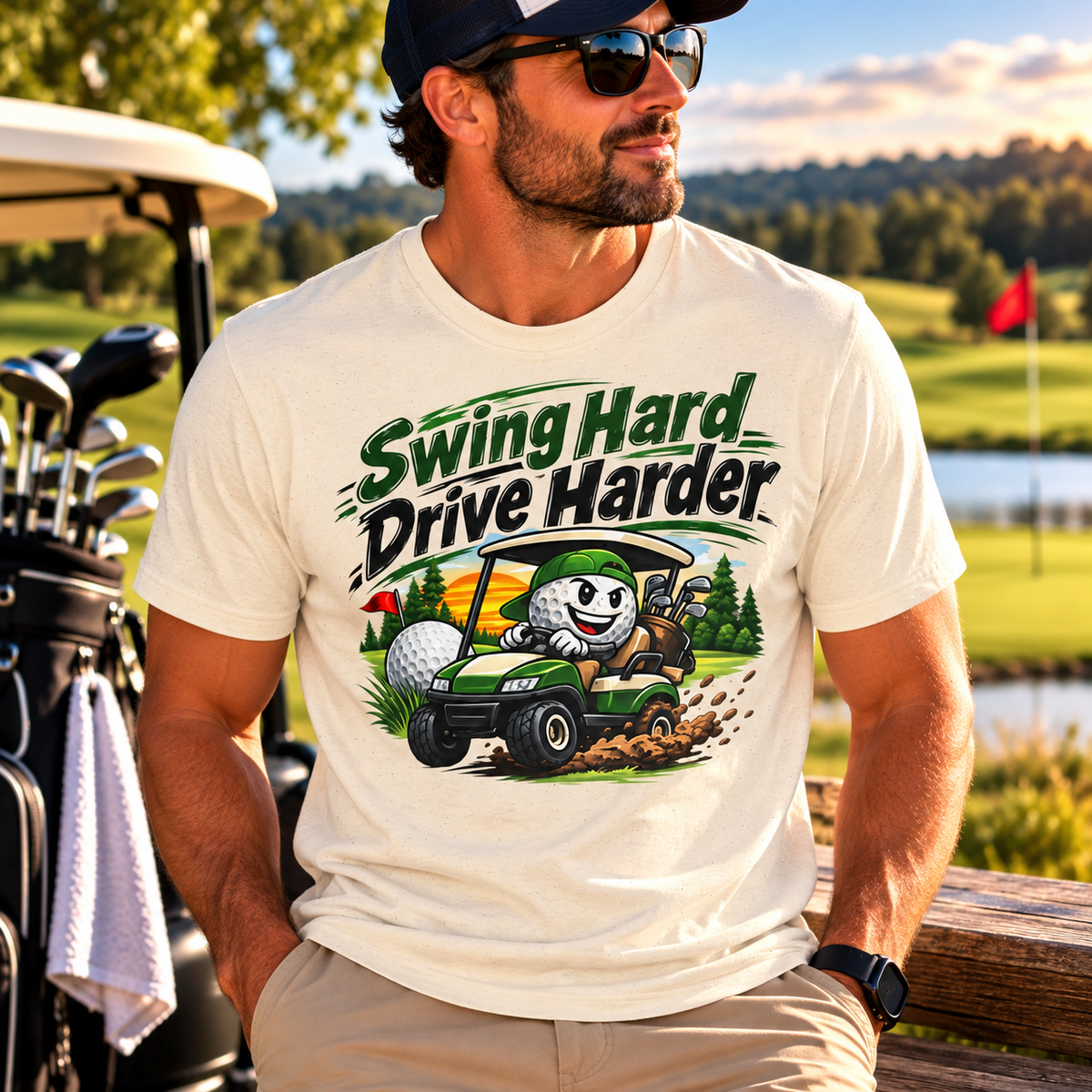 T-shirt Dessin Animé Chariot de Golf Swingue Fort Frappe Encore Plus Fort T-shirt Drôle de Golf