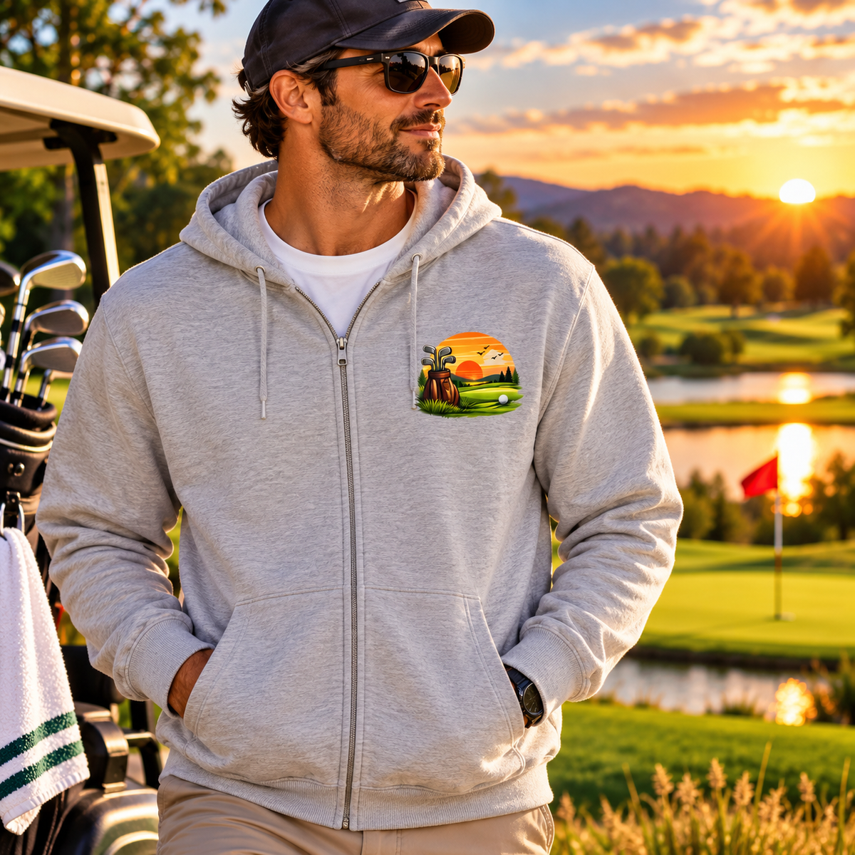 Kapuzenpullover mit Vintage Golf-Sonnenuntergang-Grafik