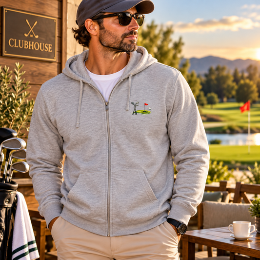 Minimal Golf Zip Hoodie – Subtle Golf Club & Flag Design