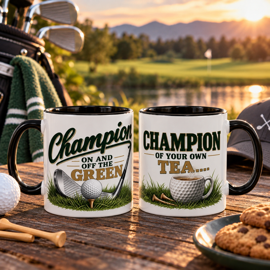 Golf-Champion-Tasse mit farbigem Henkel – Golfer-Design rundherum