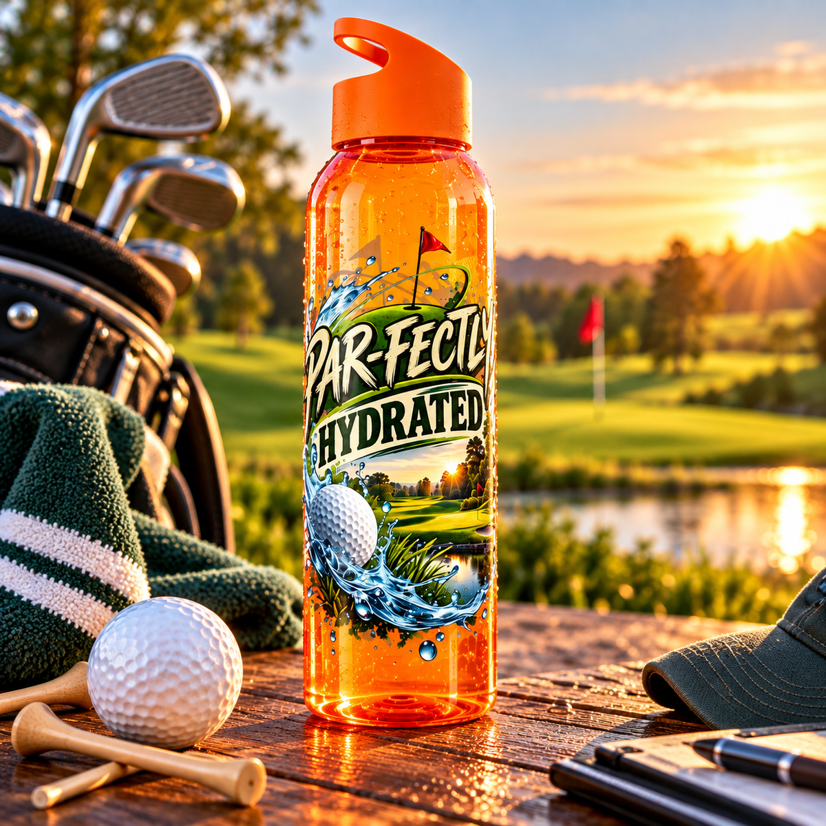 Bouteille d'eau de golf parfaitement hydratée Motif scène de golf dans une gamme de couleurs
