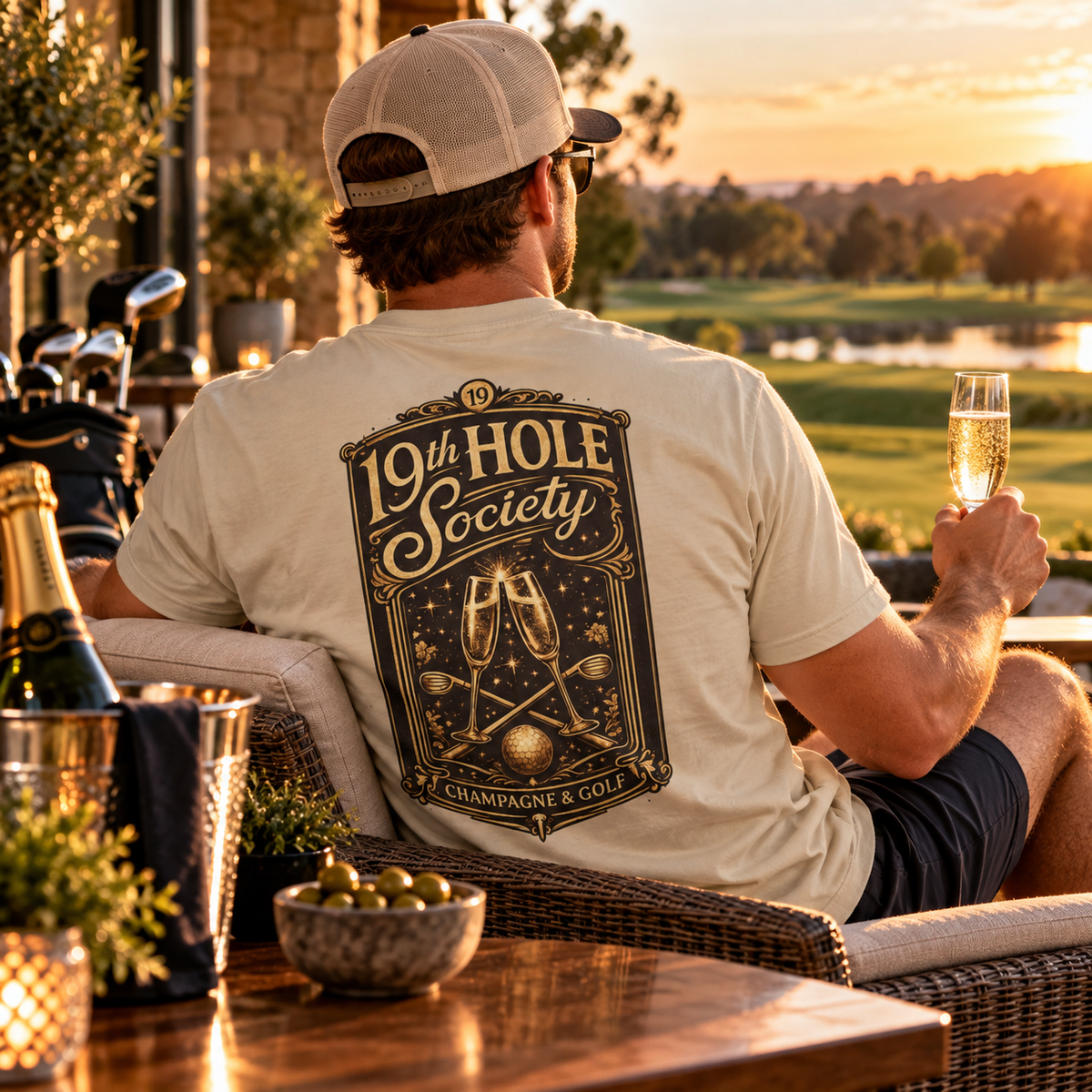 19th Hole Society Champagne and Golf T-Shirt