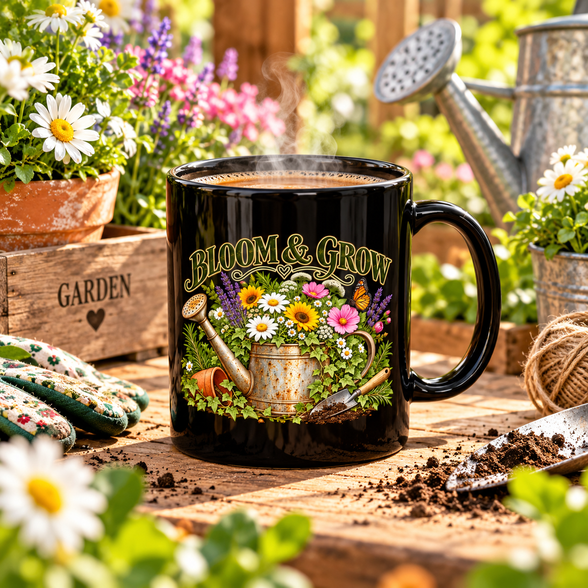 Bloom & Grow Vintage Garden – Black Ceramic Mug