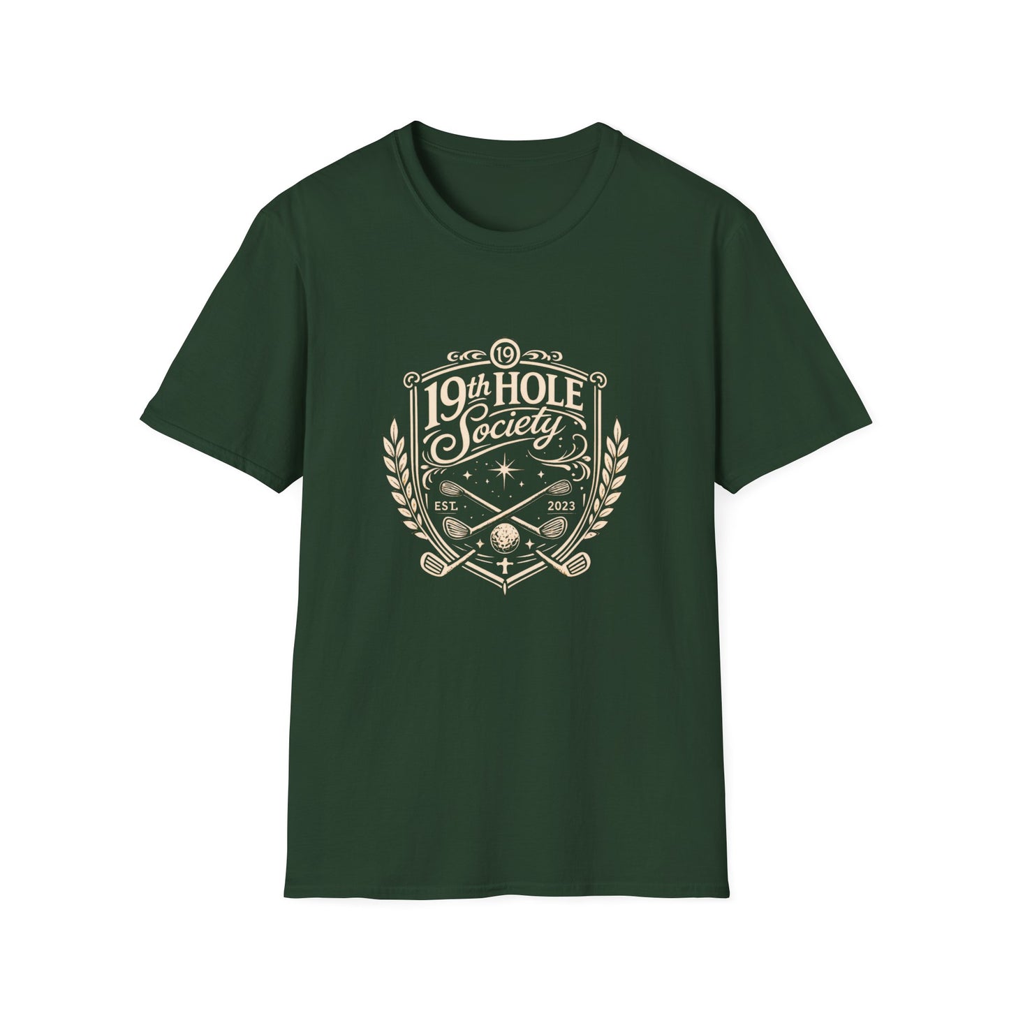 19th Hole Society Golf T-Shirt | Vintage Crest Front Print Tee | Premium Golf Apparel