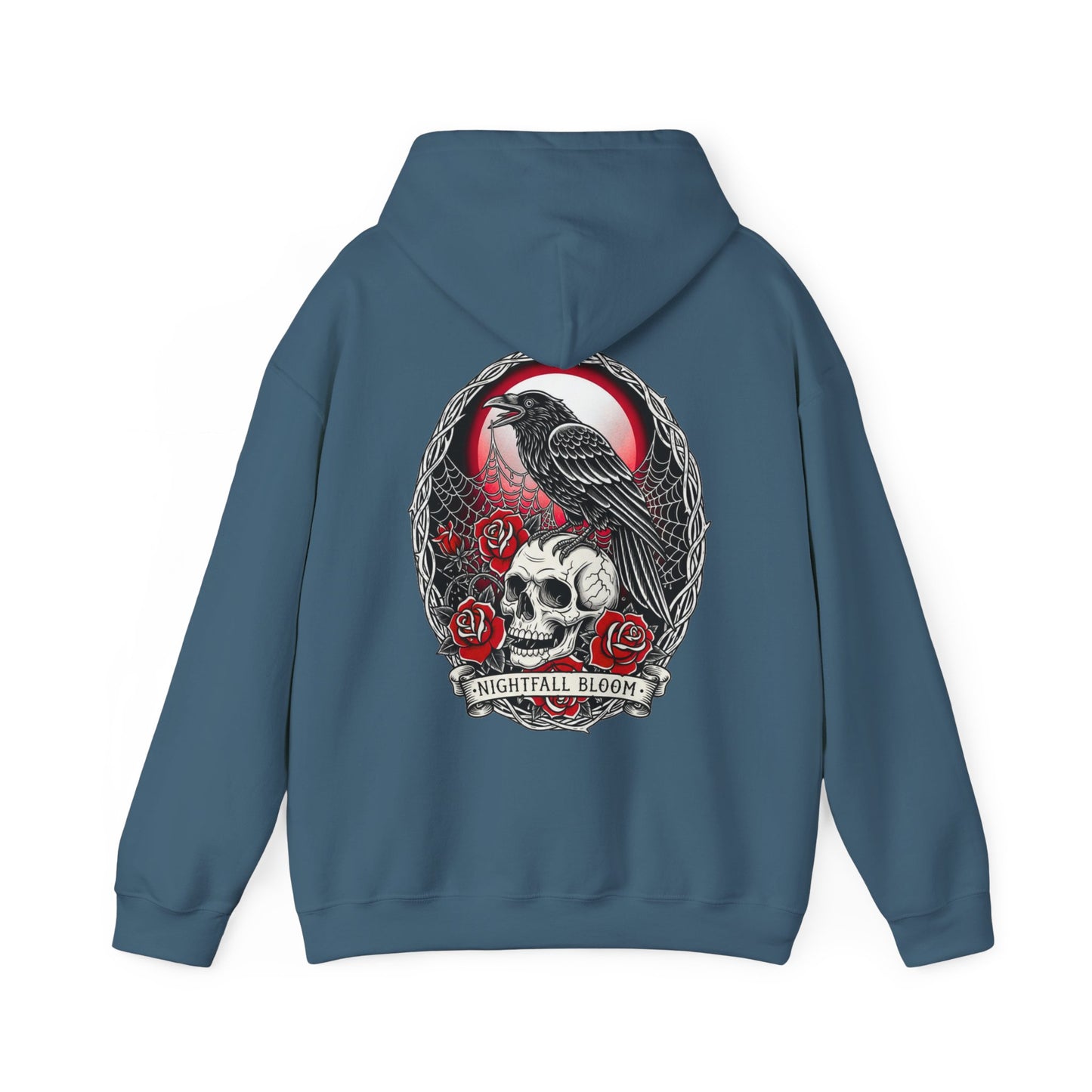 Nightfall Bloom Gothic Hoodie – Raven, Skull & Red Rose Halloween Hoodie