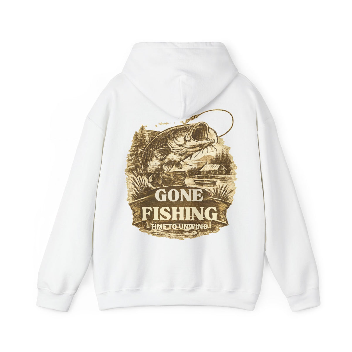 Gone Fishing Hoodie – Vintage Sepia Back Print Fishing Hoodie
