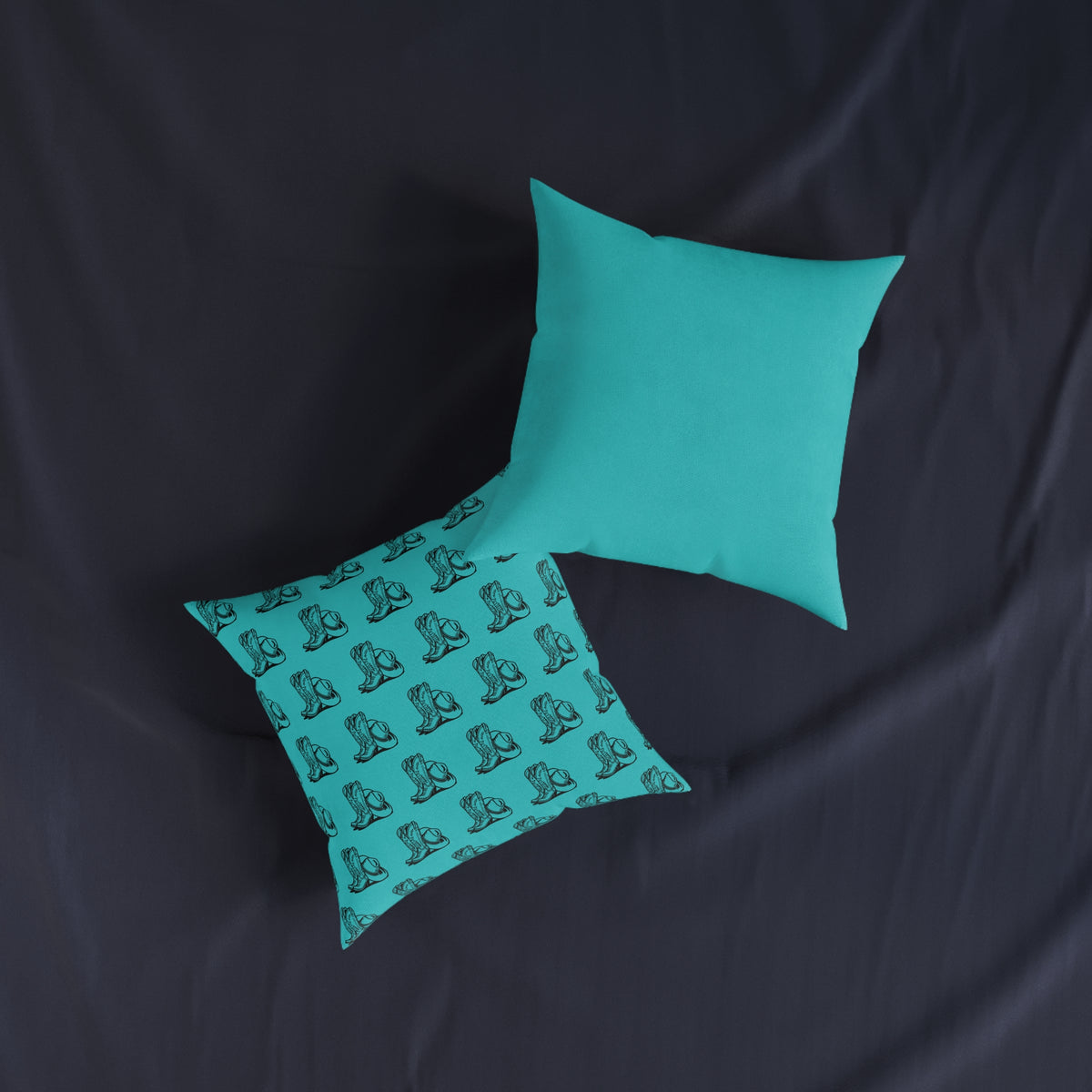 Teal Cowboy Boot Pattern Square Pillow — Western Accent Throw Pillow