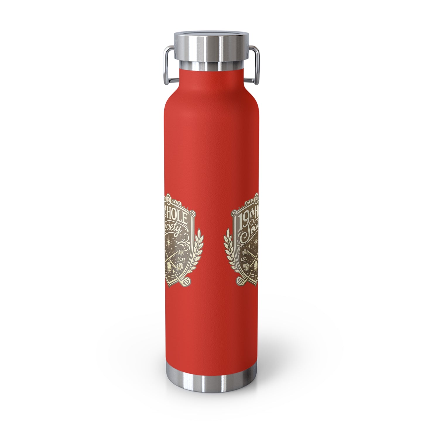 19th Hole Society Insulated Water Bottle | Bronze Crest Golf Flask | Premium Stainless Steel Drinkware