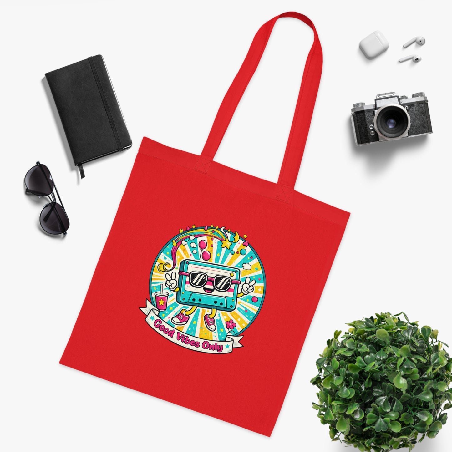 Retro Good Vibes Only Tote Bag | Colourful Cotton Shopping Bag | Reusable Retro Tote | 80s and  90s Inspired Gift