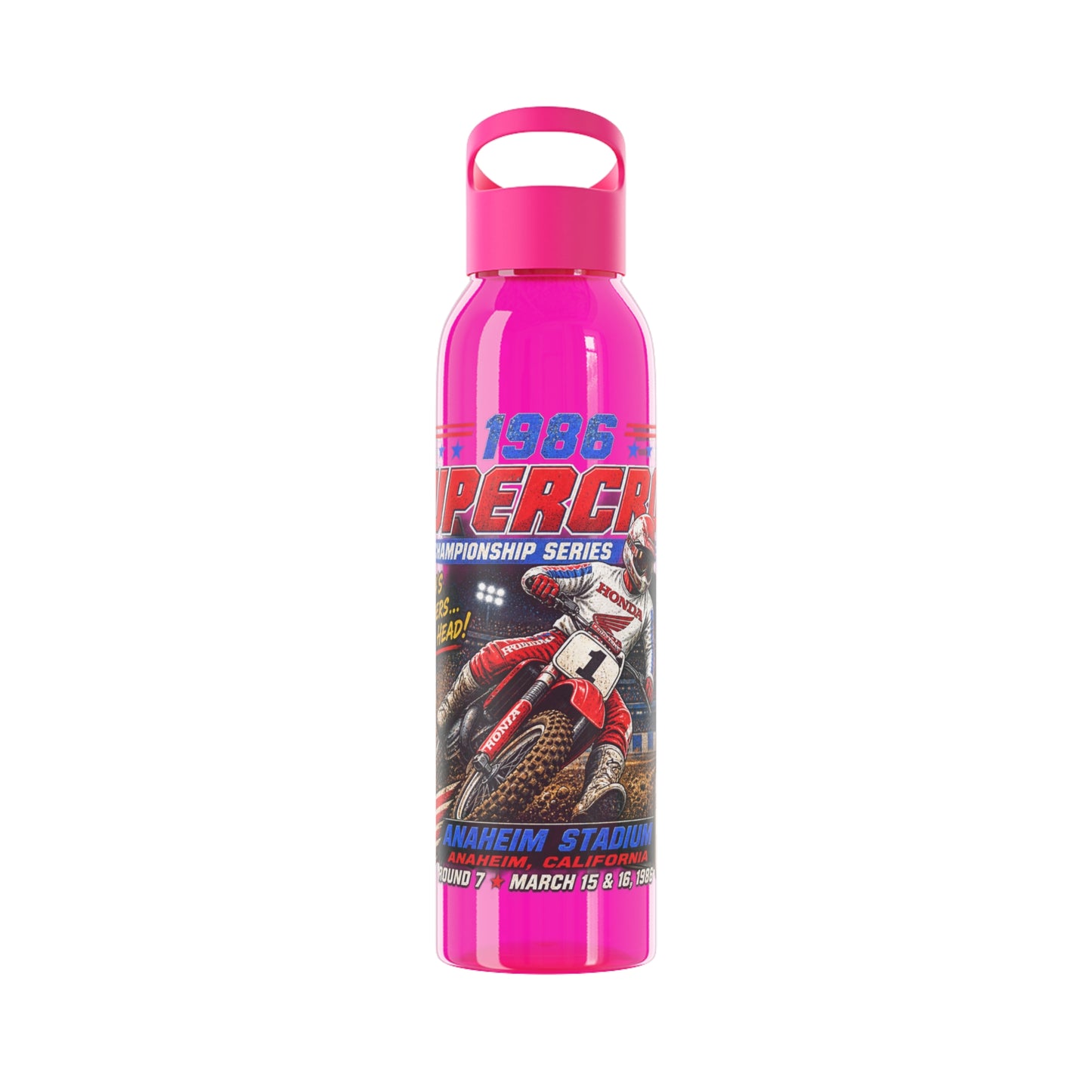 Supercross 1986 Moto Racing Water Bottle  Retro Motocross Champion Design