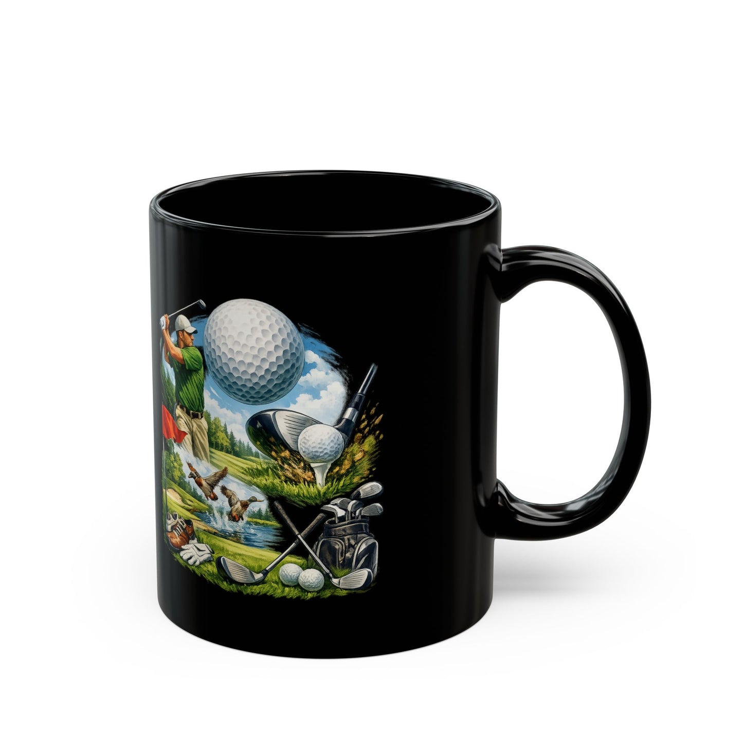 Mug en céramique noire scène de golf     Mug de 325 ml avec illustration sur le thème du golf