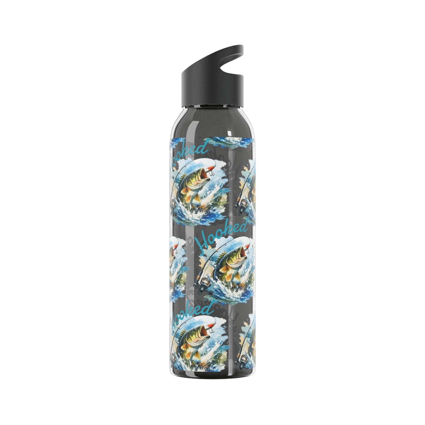 Bouteille d'eau graphique de pêche, poisson accroché, éclaboussures, bouteille de boisson