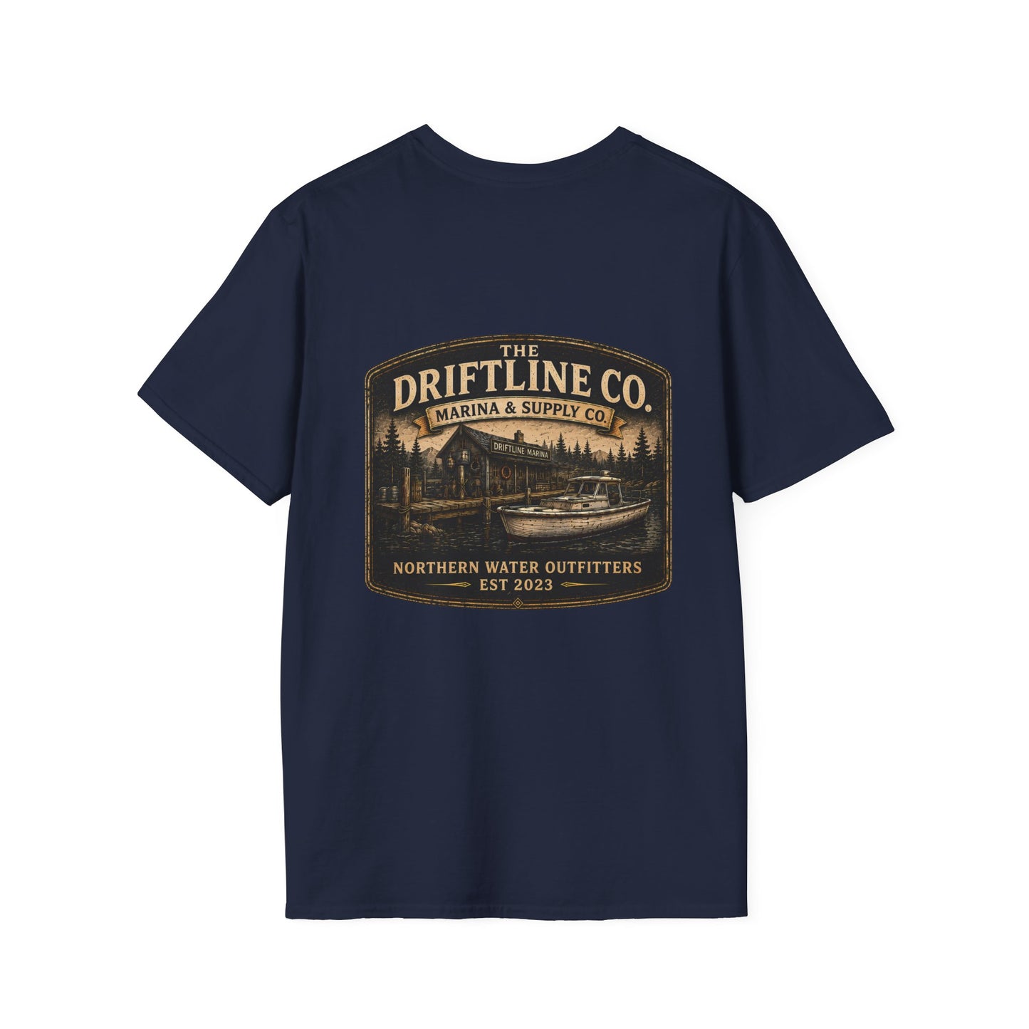 The Driftline Company Marina & Supply Co. Northern Water Outfitters Double-Sided T-Shirt | Vintage Fishing & Boating Tee