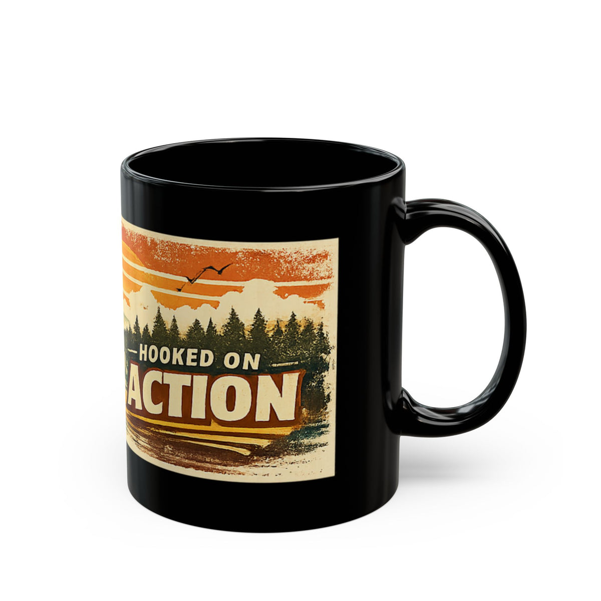 Hooked on Action Black Fishing Mug – Retro Angler Mug