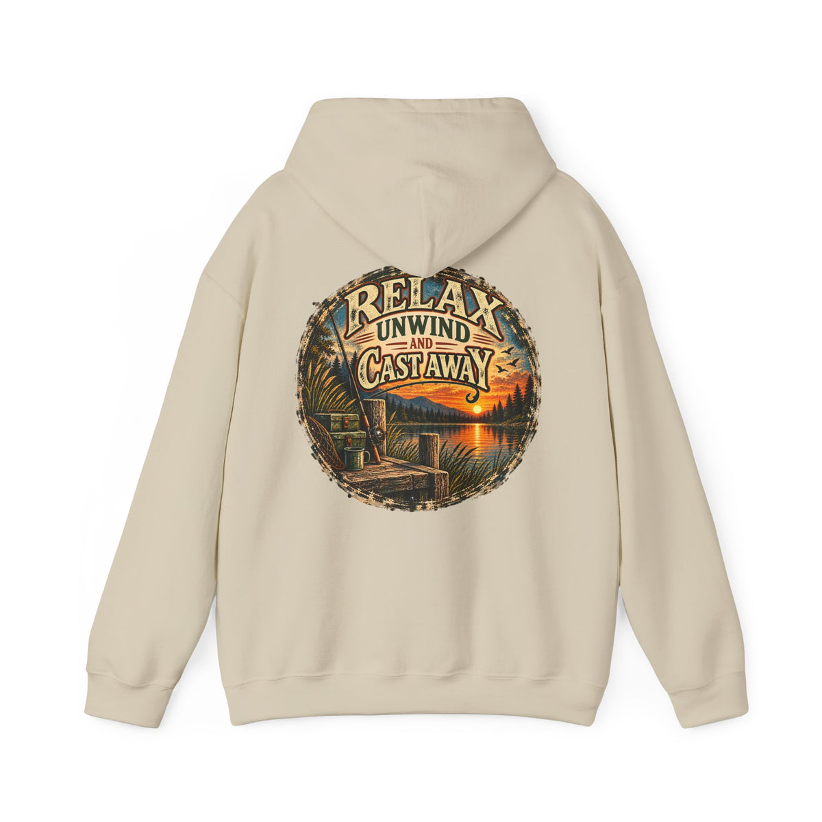 Relax, Unwind & Cast Away Back Print Hoodie – Vintage Fishing Hoodie