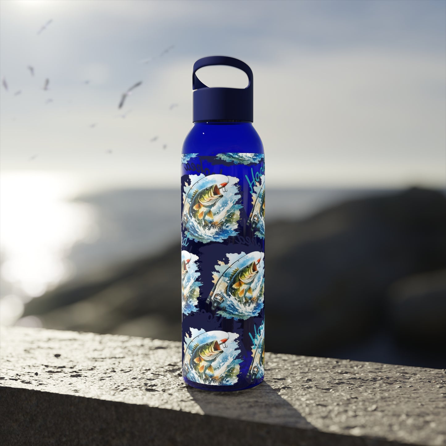 Bouteille d'eau graphique de pêche, poisson accroché, éclaboussures, bouteille de boisson