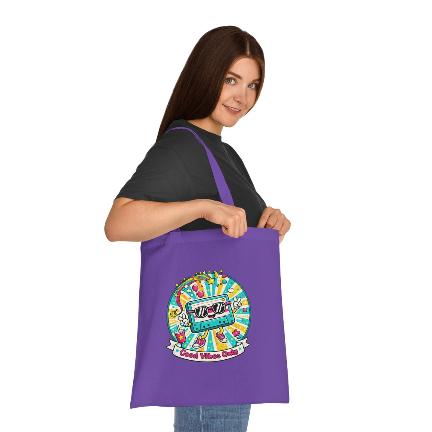 Retro Good Vibes Only Tote Bag | Colourful Cotton Shopping Bag | Reusable Retro Tote | 80s and  90s Inspired Gift