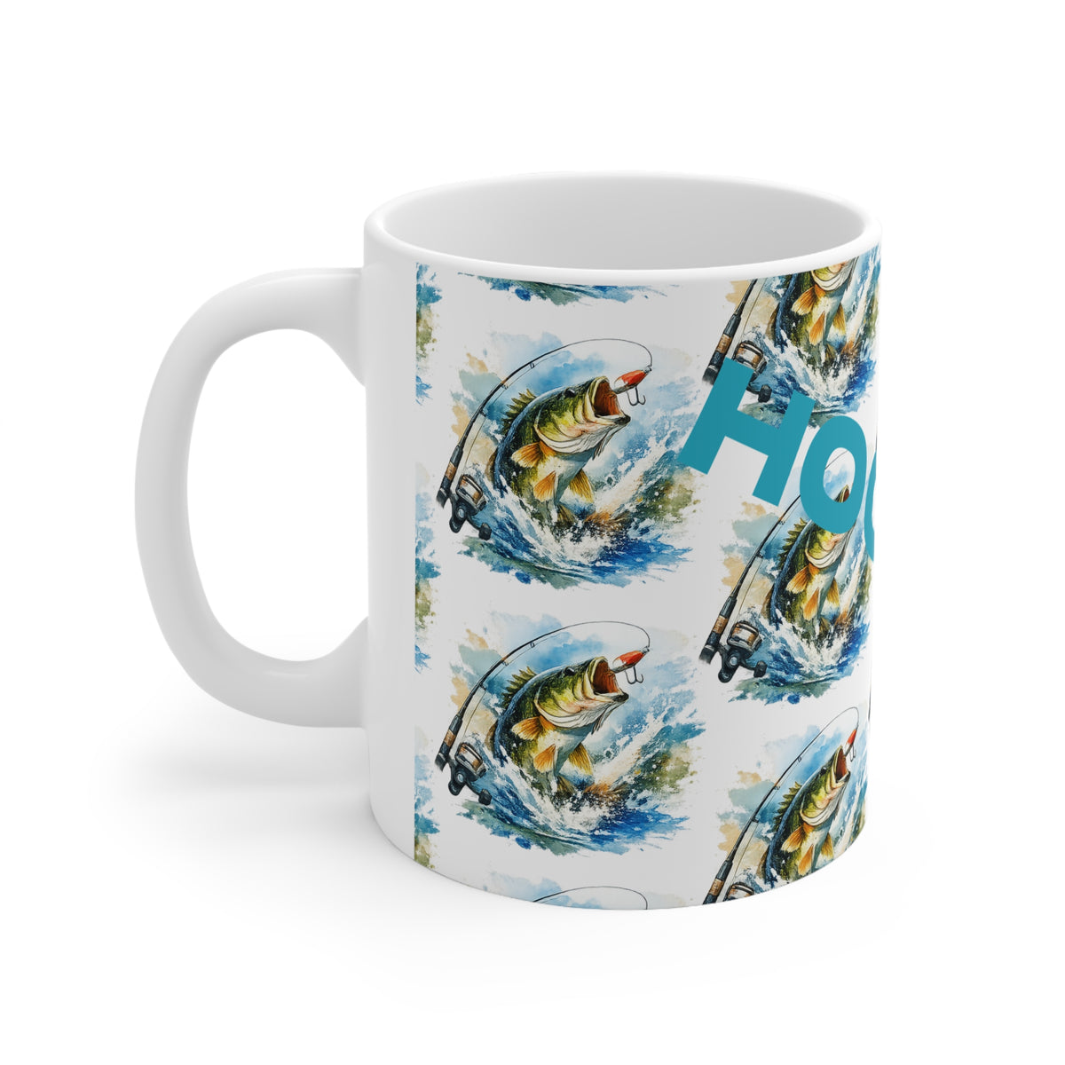 Mug en céramique avec leurre de pêche – Mug avec slogan "Accroché"