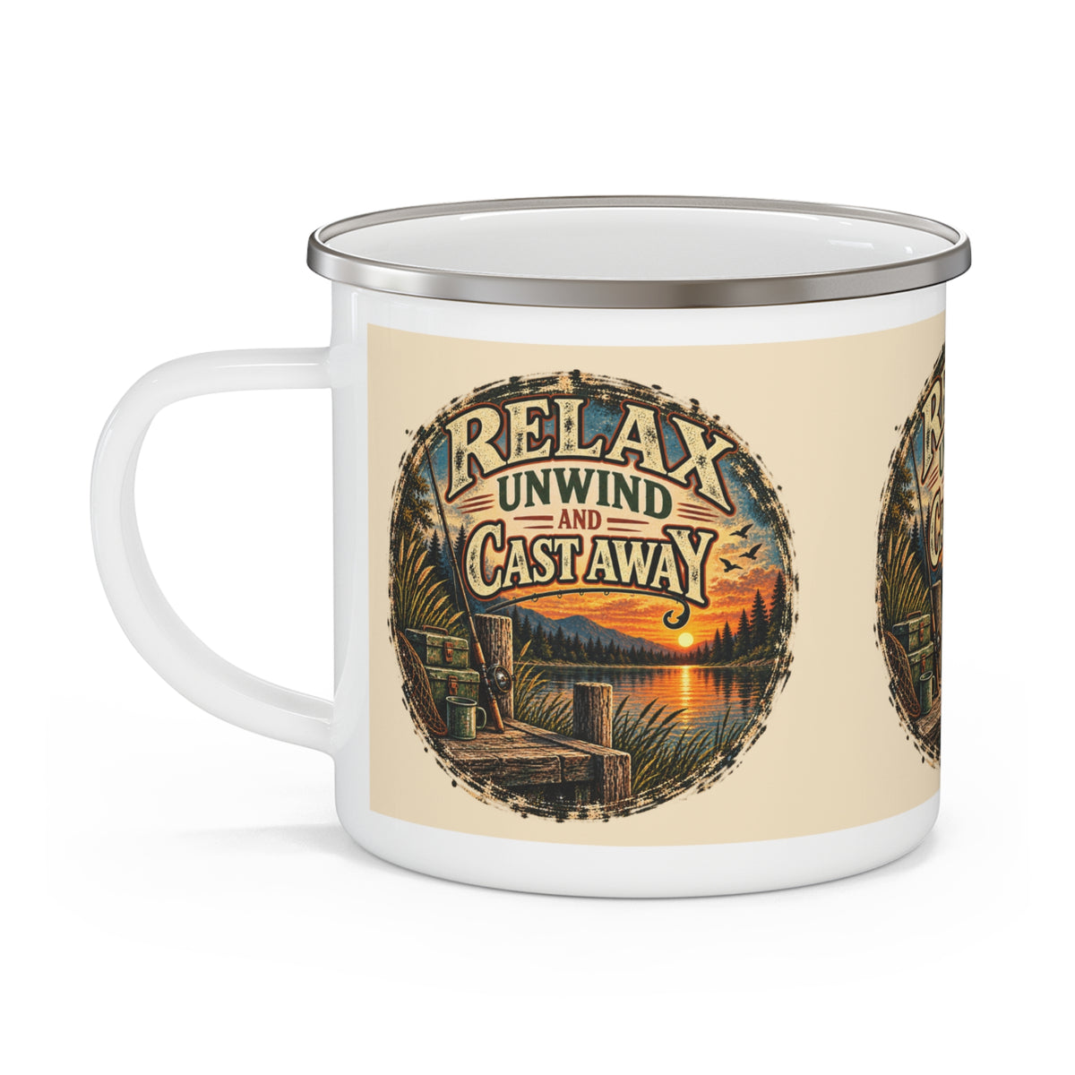 Relax, Unwind & Cast Away Enamel Mug – Vintage Fishing Mug