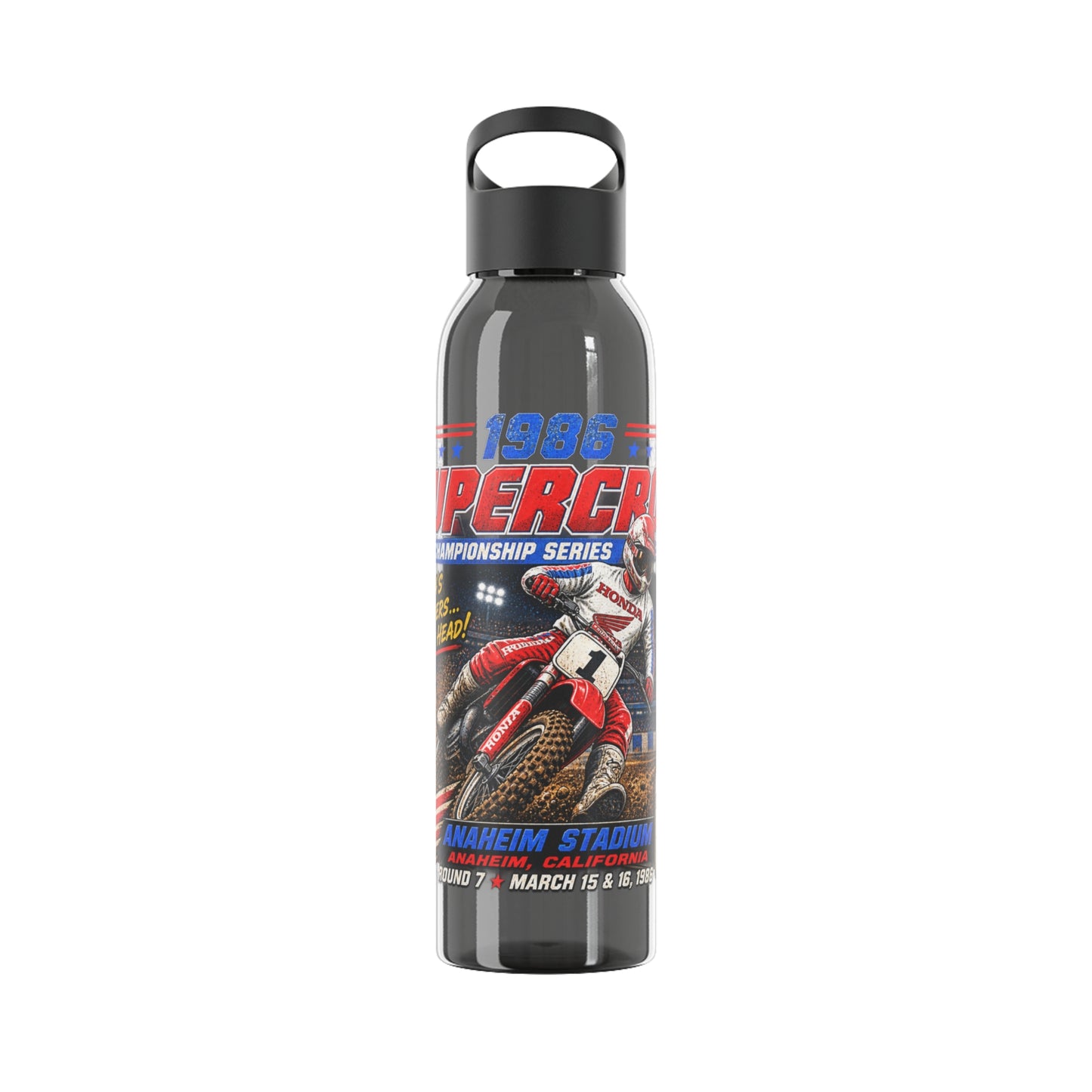 Supercross 1986 Moto Racing Water Bottle  Retro Motocross Champion Design