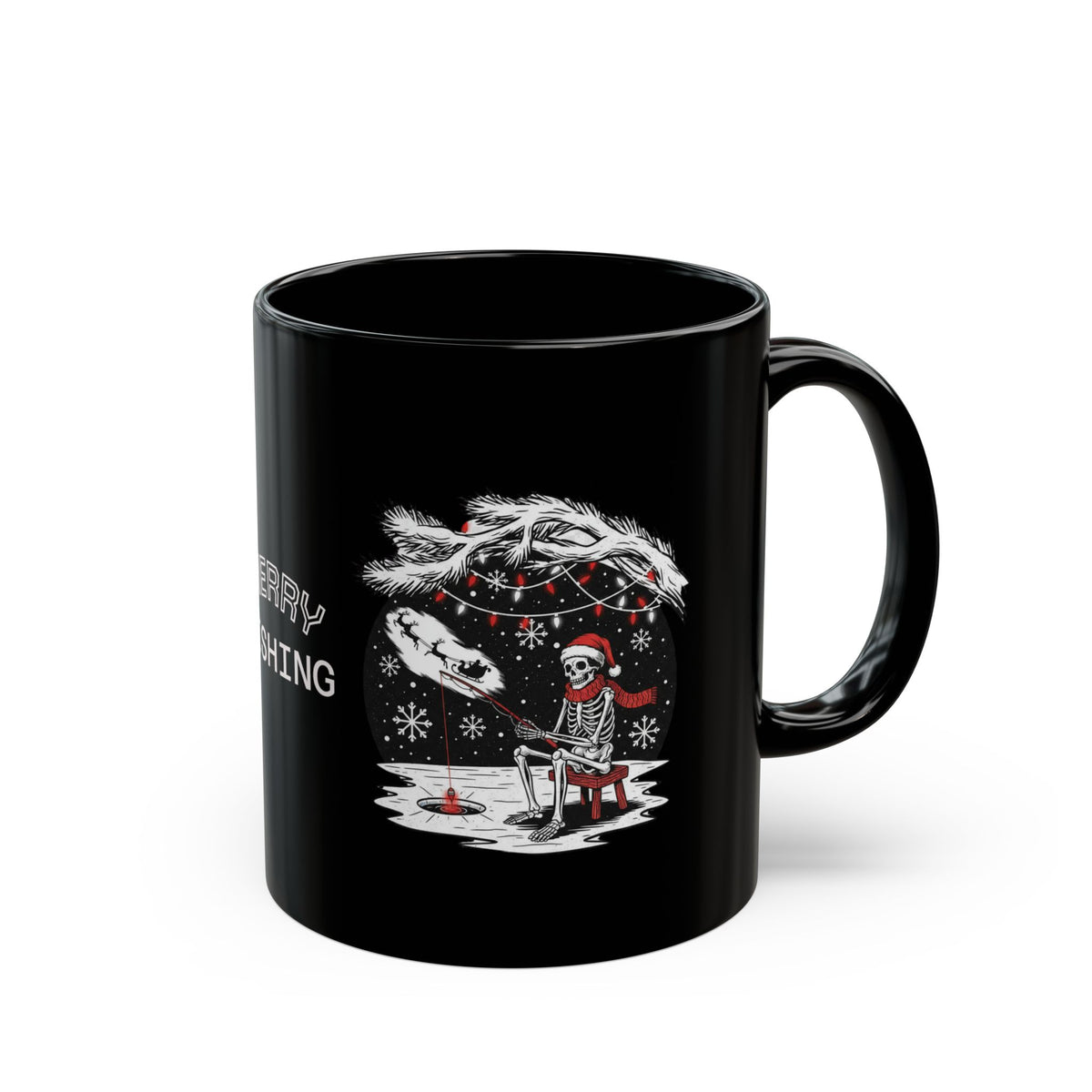 Merry Fishing Christmas Mug – Skeleton Fisherman Black Mug