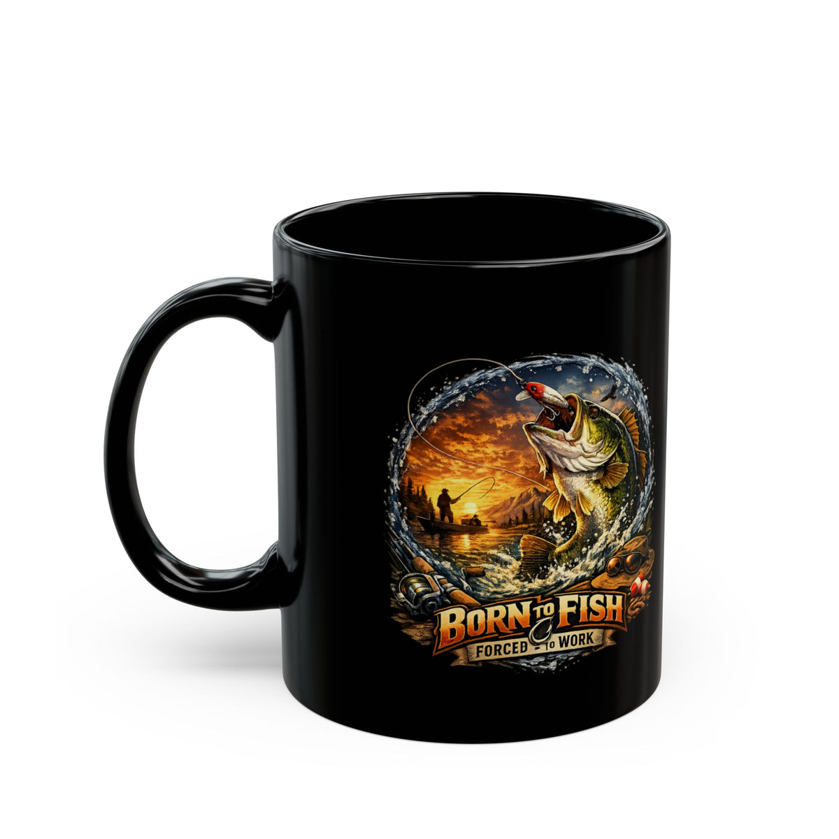 Born to Fish Forced to Work Black Mug – Angler Fishing Mug