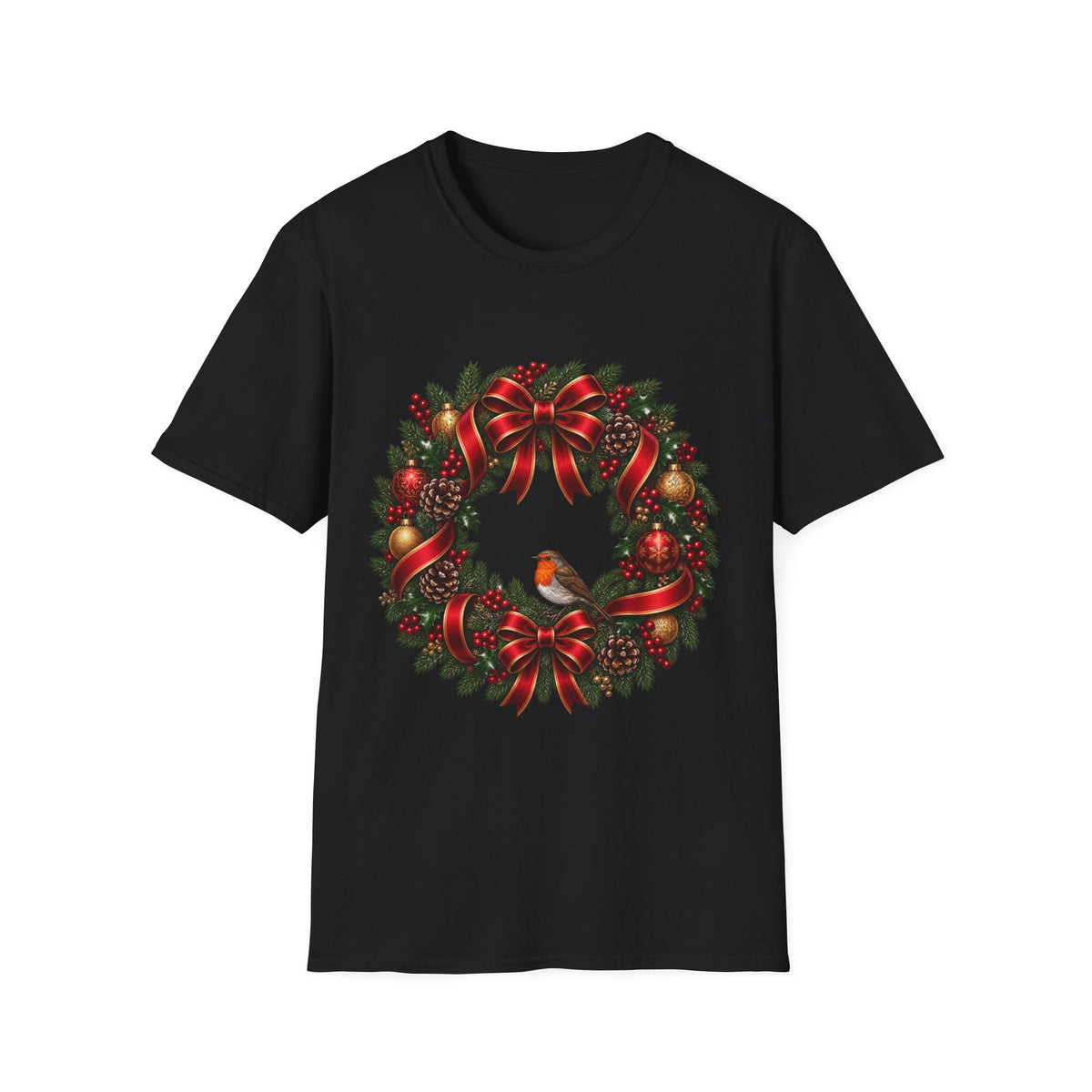 Christmas Wreath & Robin T-Shirt – Festive Botanical Tee