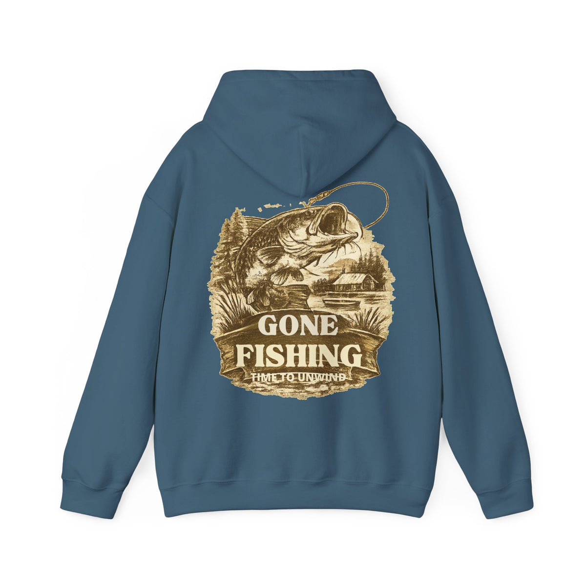 Gone Fishing Hoodie – Vintage Sepia Back Print Fishing Hoodie