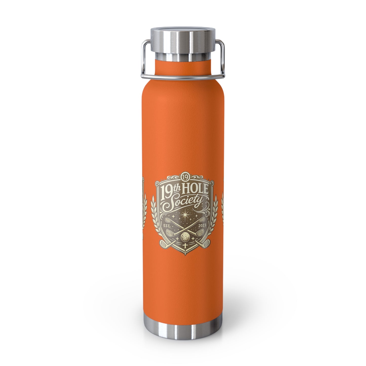 19th Hole Society Insulated Water Bottle | Bronze Crest Golf Flask | Premium Stainless Steel Drinkware