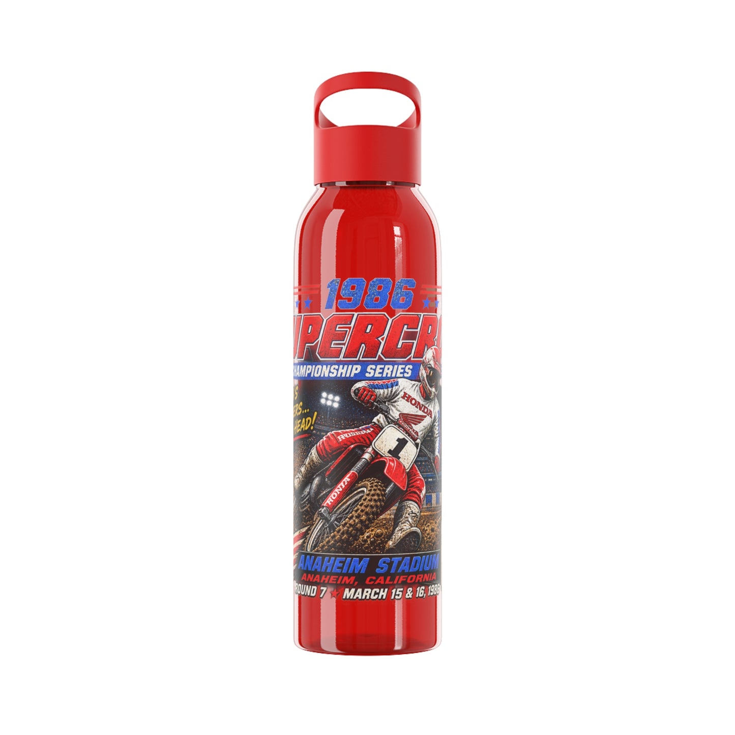 Supercross 1986 Moto Racing Water Bottle  Retro Motocross Champion Design