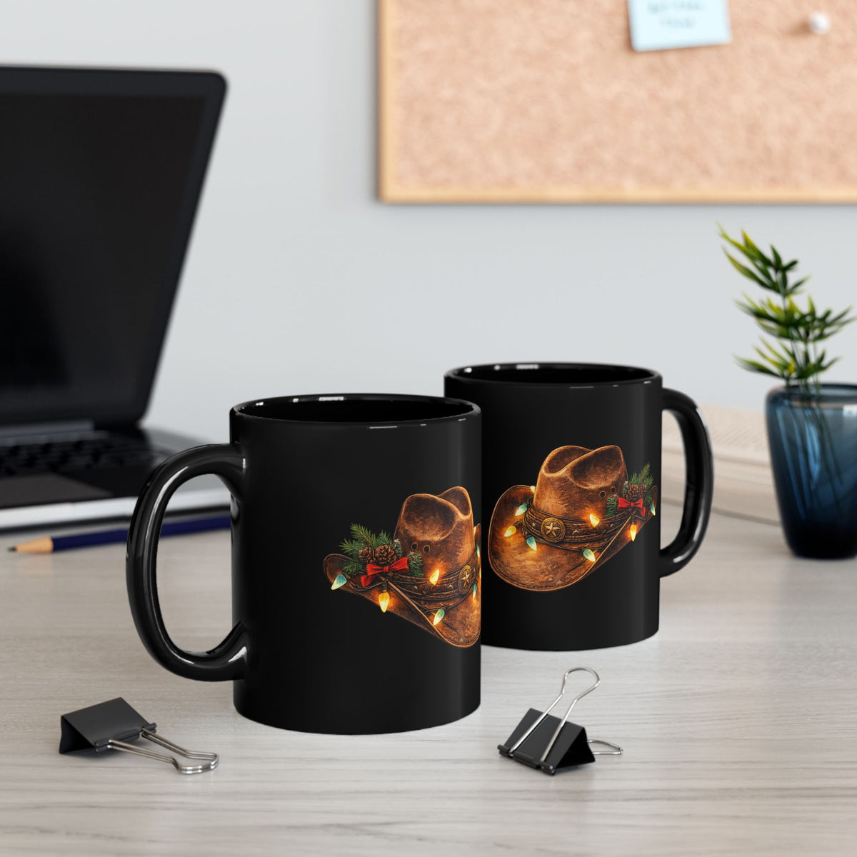 Country Christmas Cowboy Hat Mug – Black Ceramic Mug