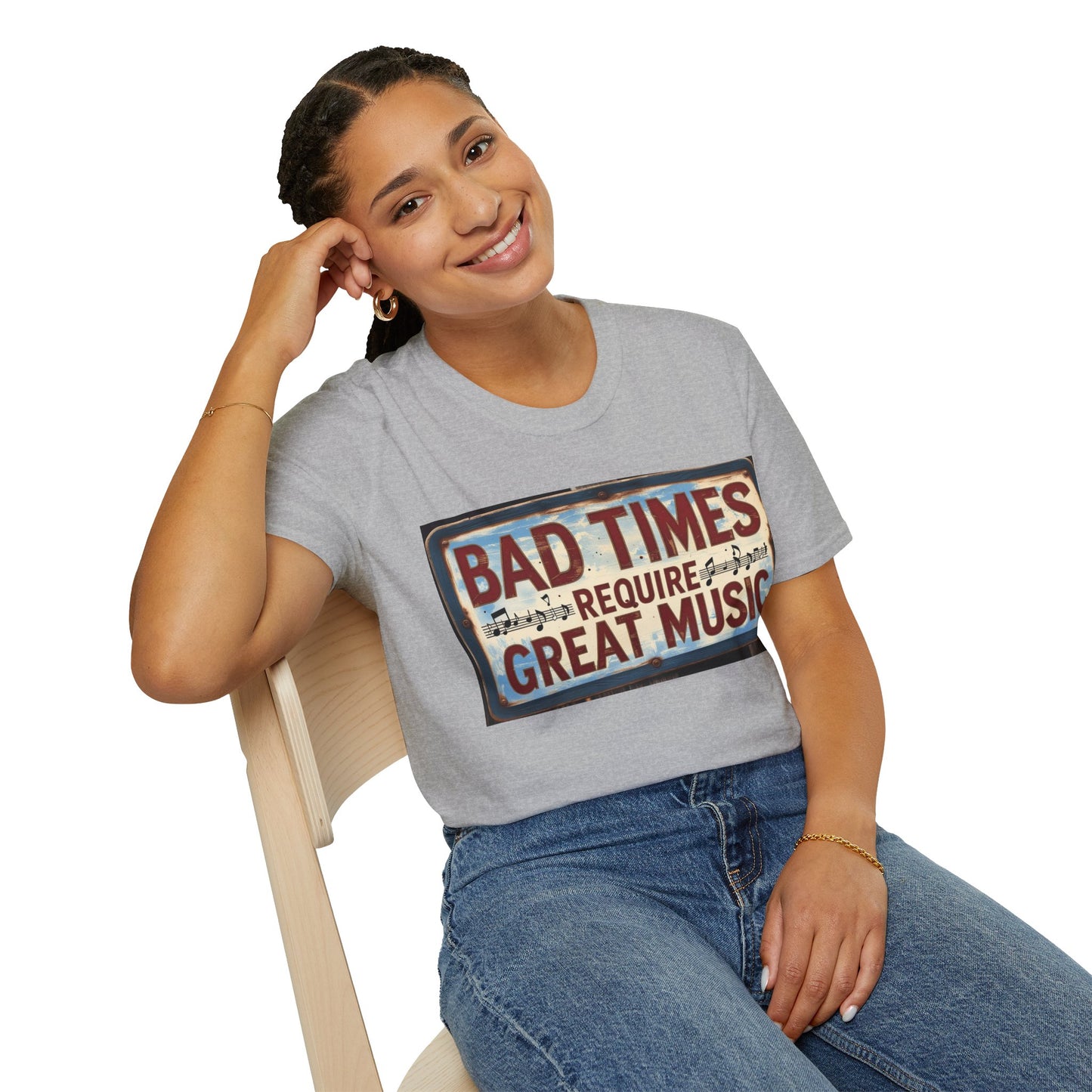 Bad Times Require Great Music T-Shirt | Unisex Softstyle Tee, Music Lovers Gift, Retro Graphic Tee, Festival Apparel, Casual Music Shirt
