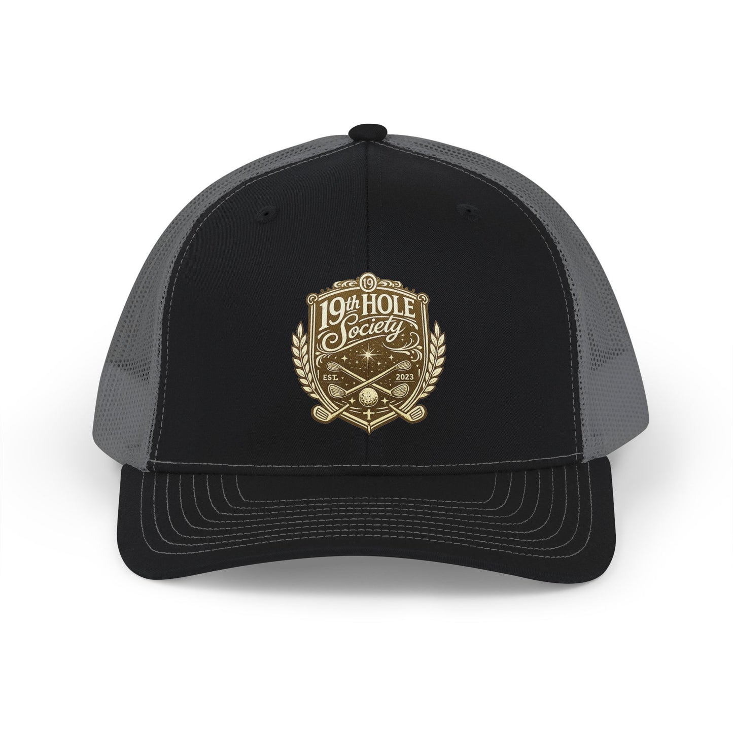 19th Hole Society Trucker Cap | Premium Golf Snapback Hat | Bronze Crest Design
