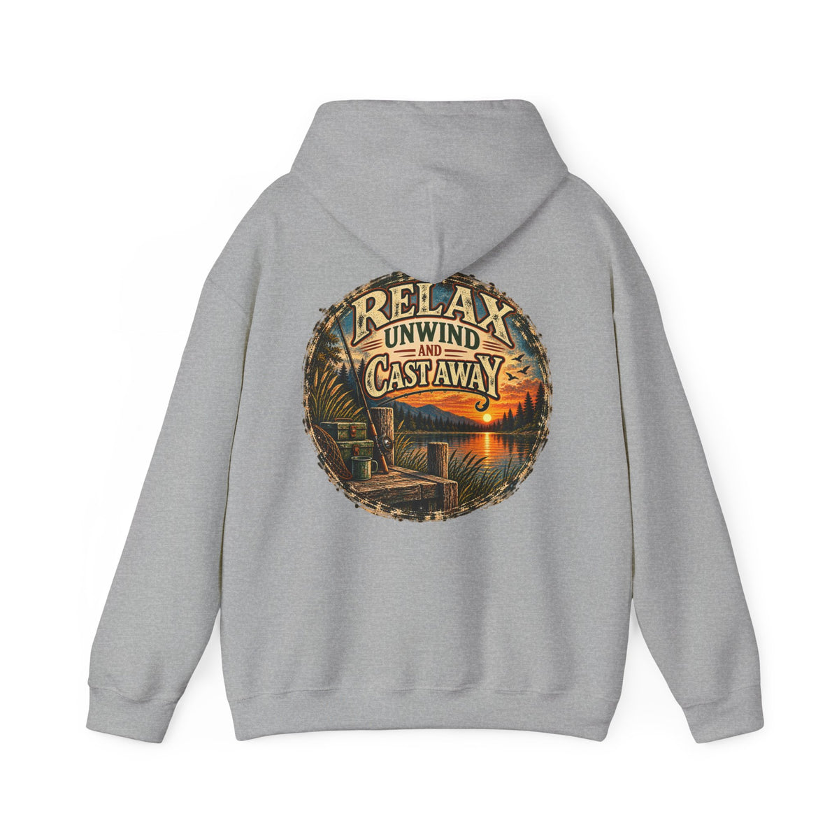 Relax, Unwind & Cast Away Back Print Hoodie – Vintage Fishing Hoodie