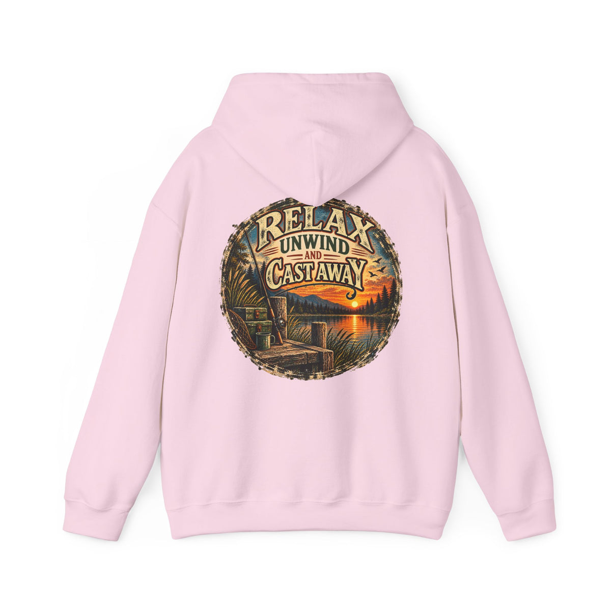Relax, Unwind & Cast Away Back Print Hoodie – Vintage Fishing Hoodie