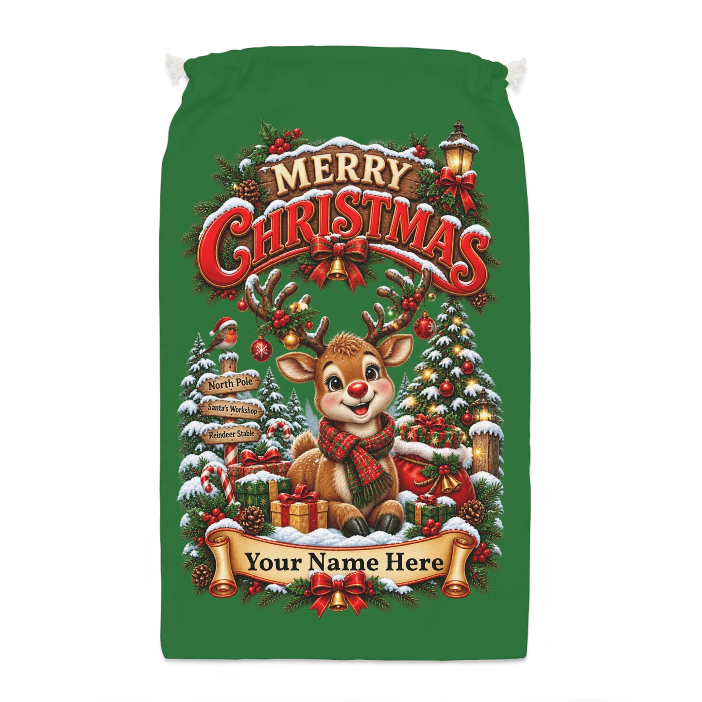 Personalised Reindeer Christmas Sack – Green Christmas Gift Sack