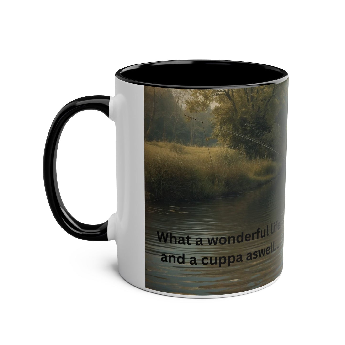 Two-Tone Coffee Mug -  Fishing Scene, with lifestyle Quote for Relaxation,